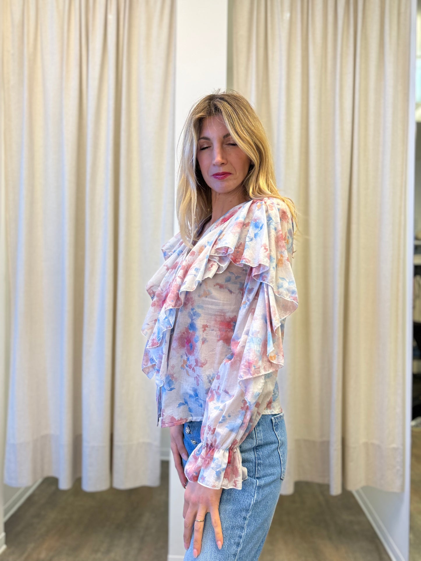 Susy Mix Camicia con rouches scollo v ROSA/AZZURRO