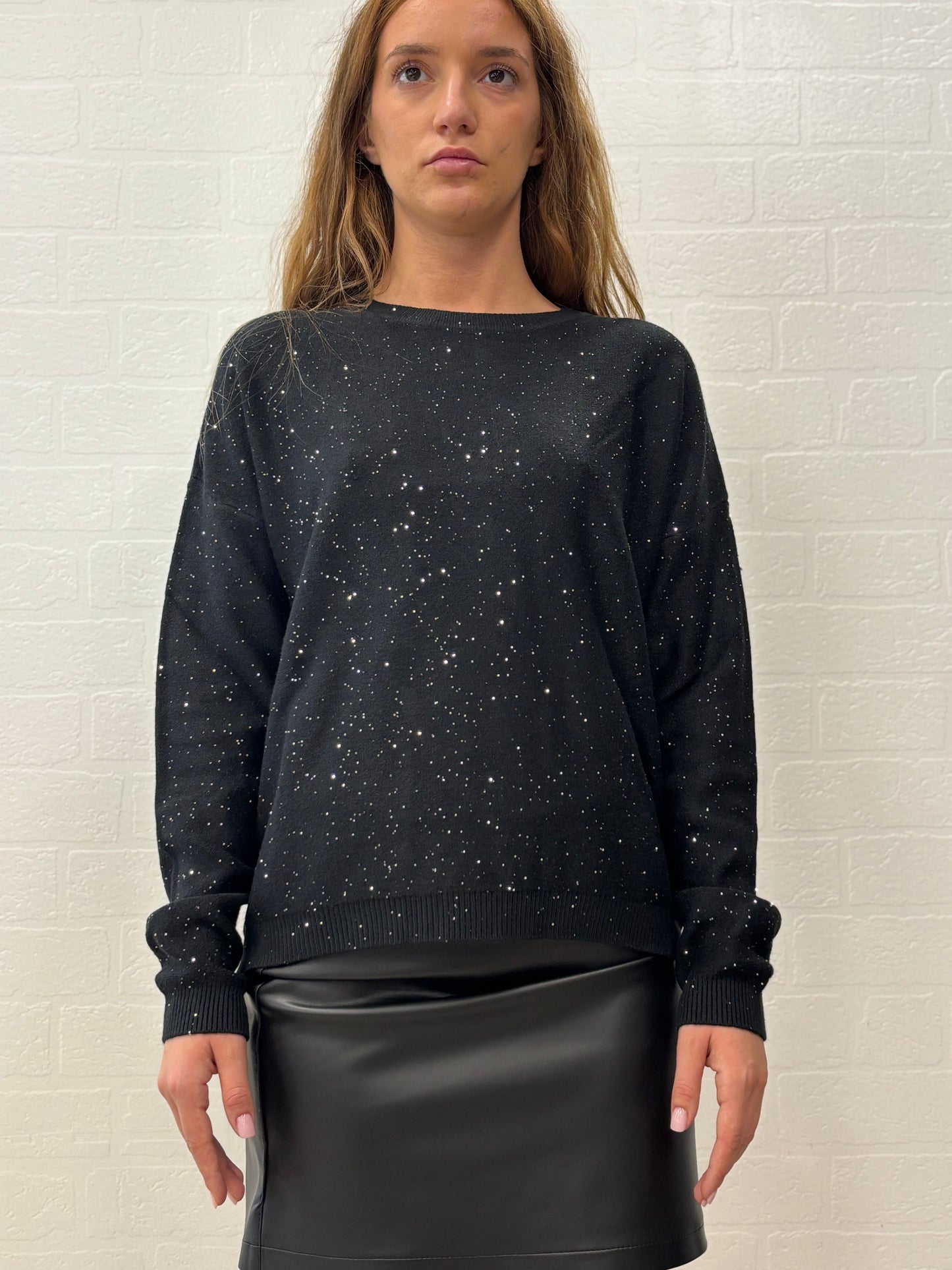 Griffai Maglia over girocollo ml con paillettes argento NERO