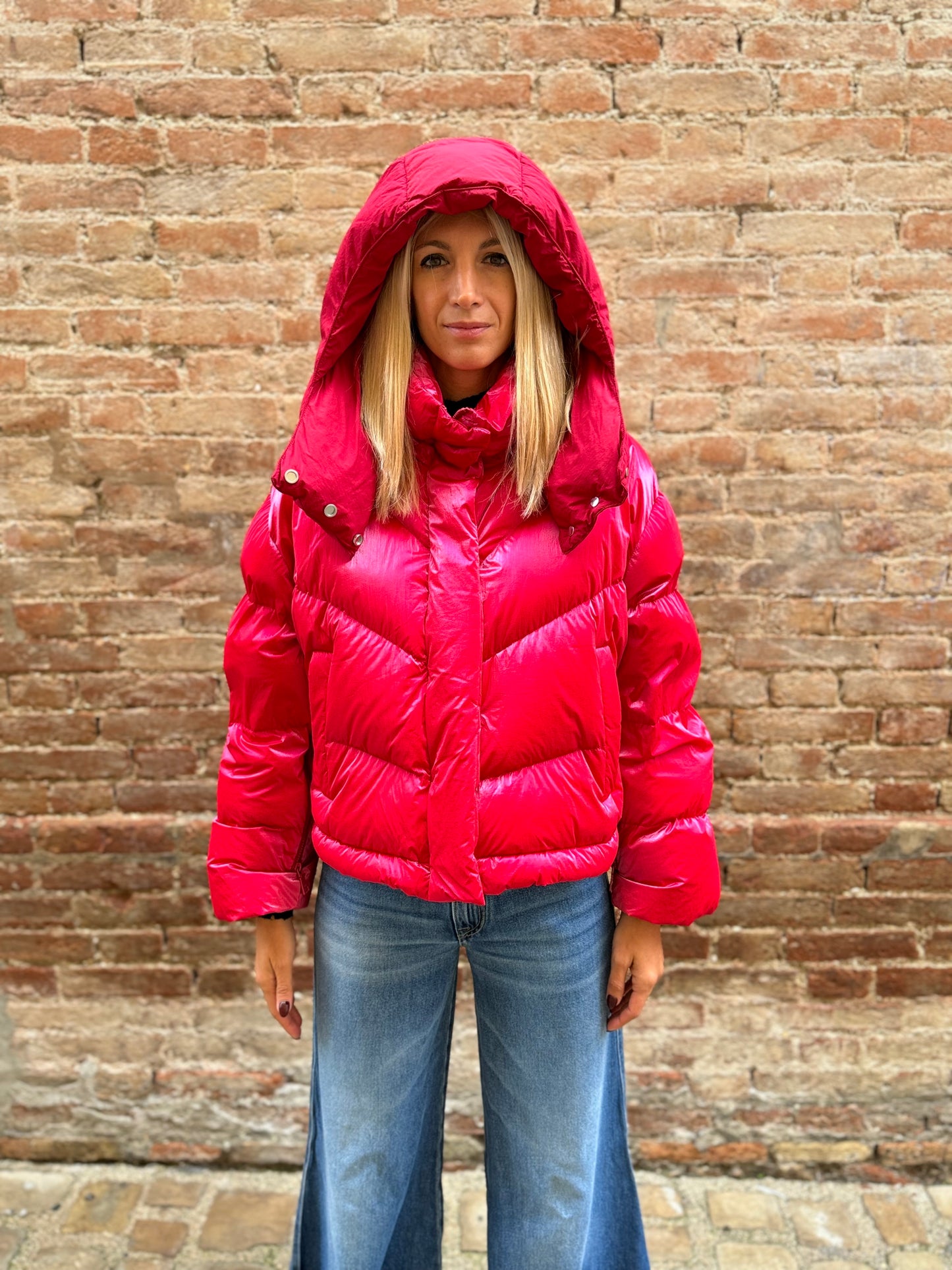 Add Bomber in nylon ultrashiny con cappuccio FUCSIA
