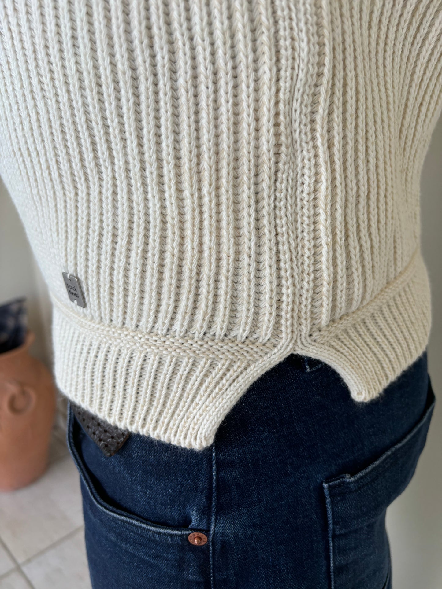 BL11 Maglia girocollo a coste e lavorato a trecce piccole PANNA/BEIGE