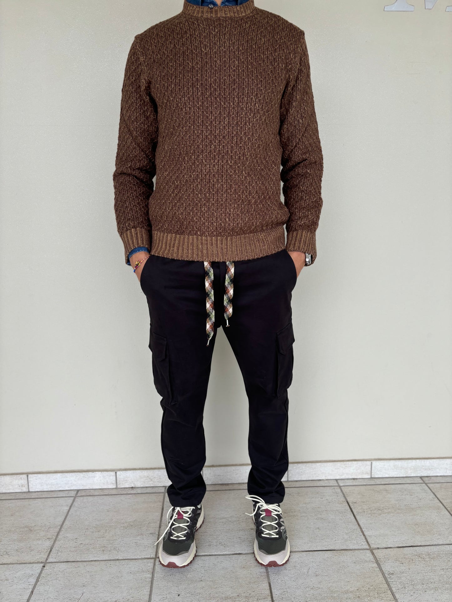 Seinse Maglia girocollo misto lana lavorazione geometrica MARRONE