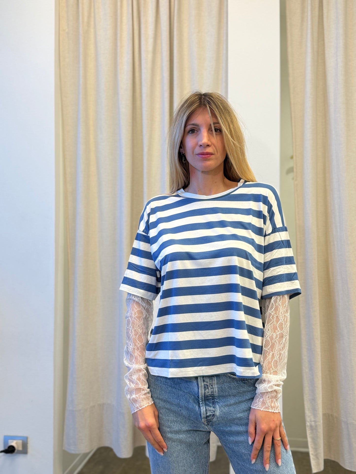 Susy Mix T-shirt righe m/pizzo JEANS