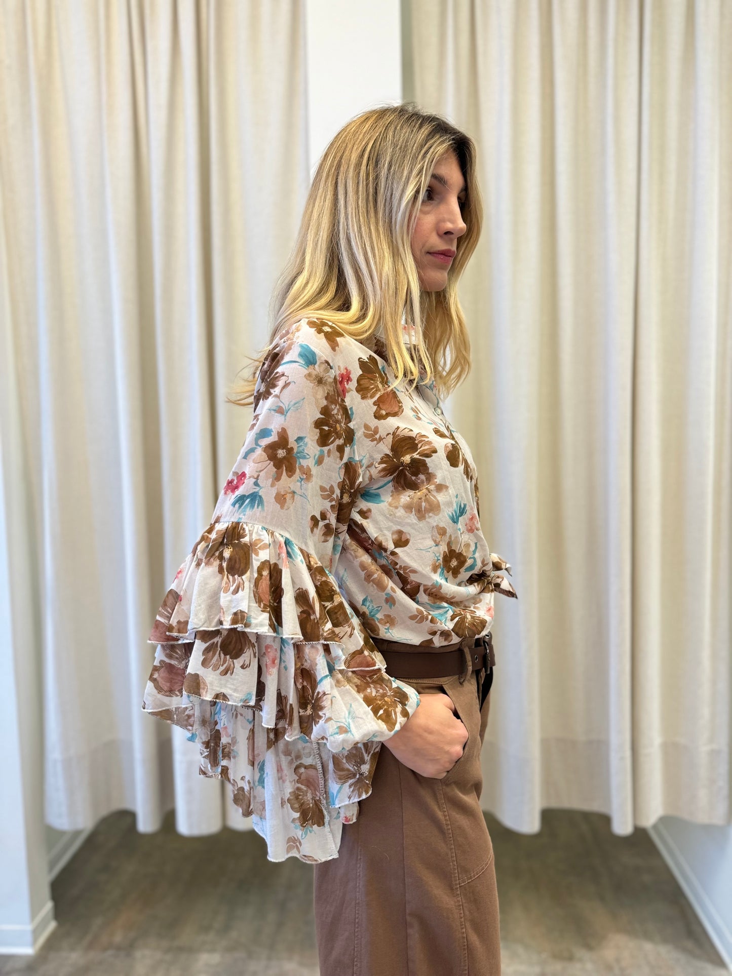 Susy Mix Camicia fant.floreale maniche con rouches BEIGE/TABACCO