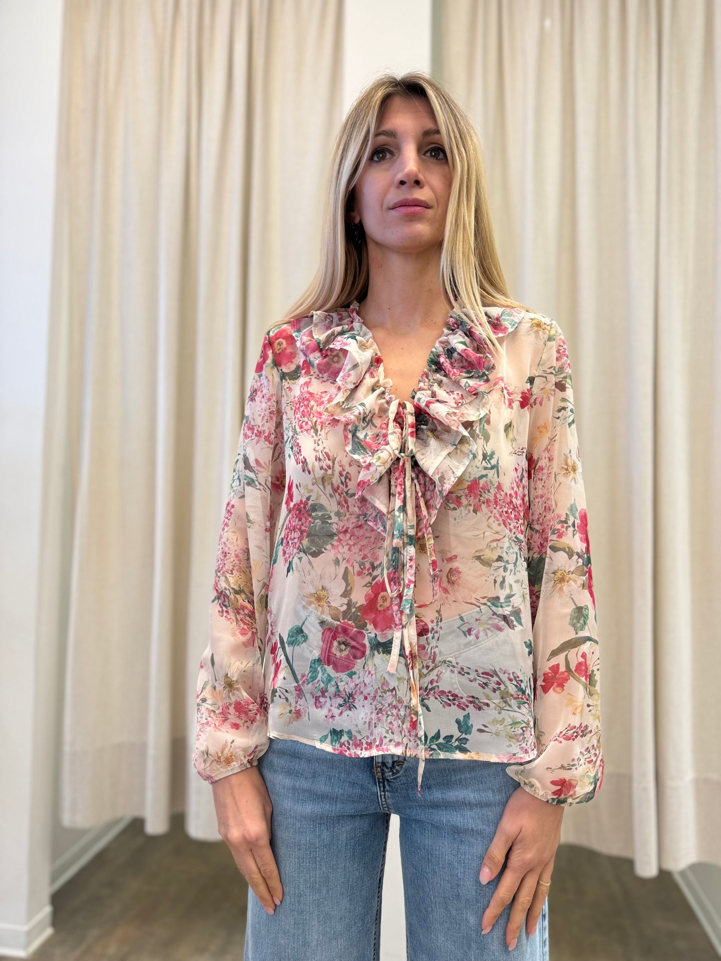 Susy Mix Blusa con rouches fantasia floreale BEIGE/FUCSIA