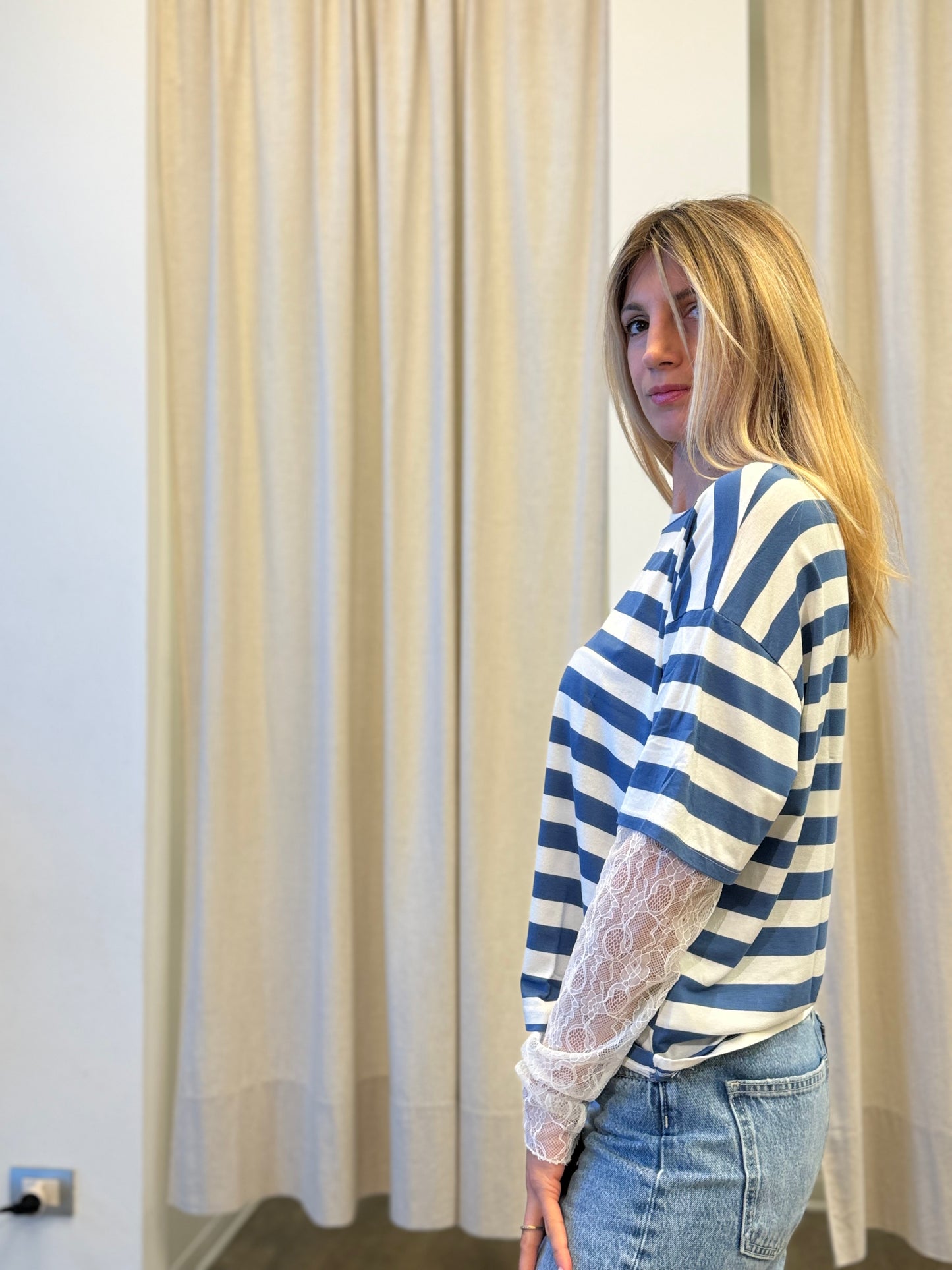 Susy Mix T-shirt righe m/pizzo JEANS