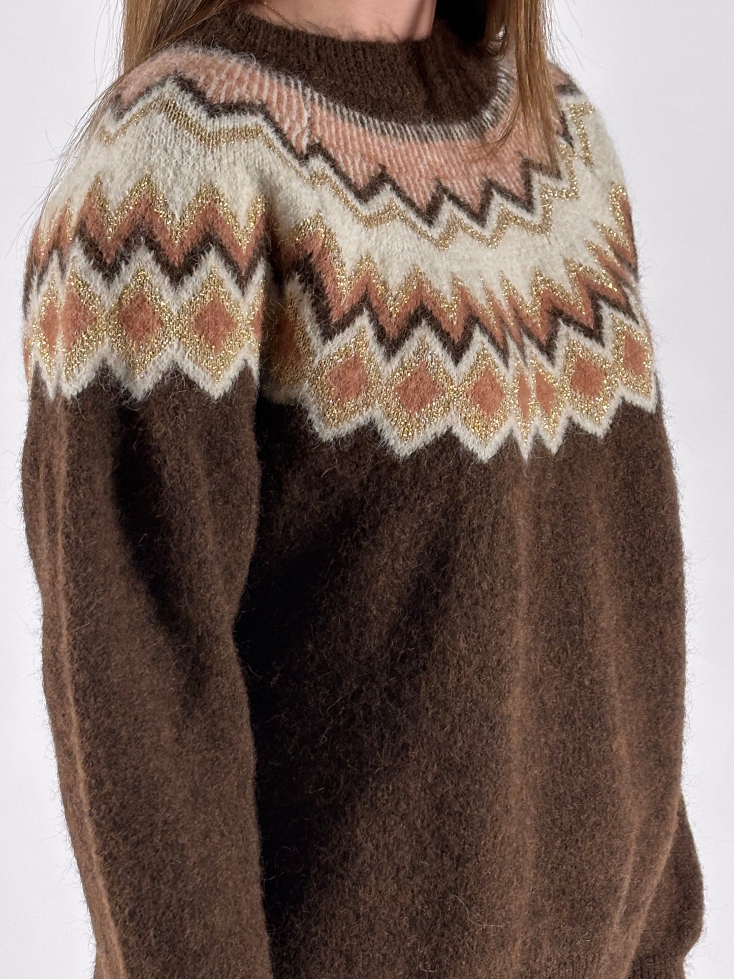 Susy mix maglia girocollo jaquard lurex MARRONE