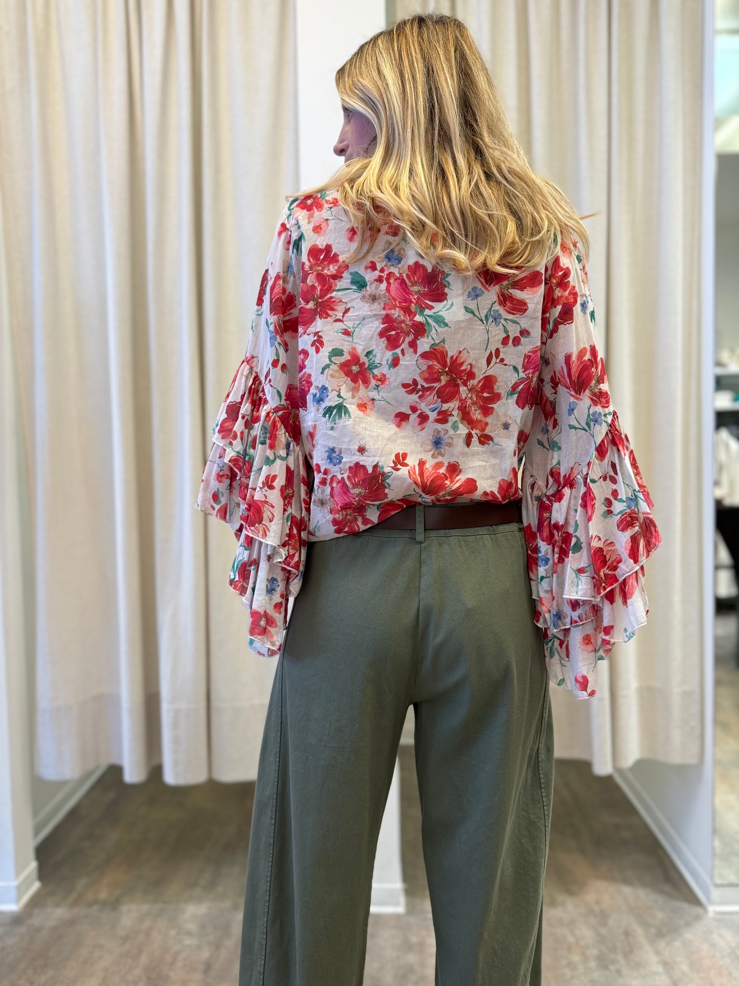 Susy Mix Camicia fant.floreale maniche con rouches BEIGE/ROSSO