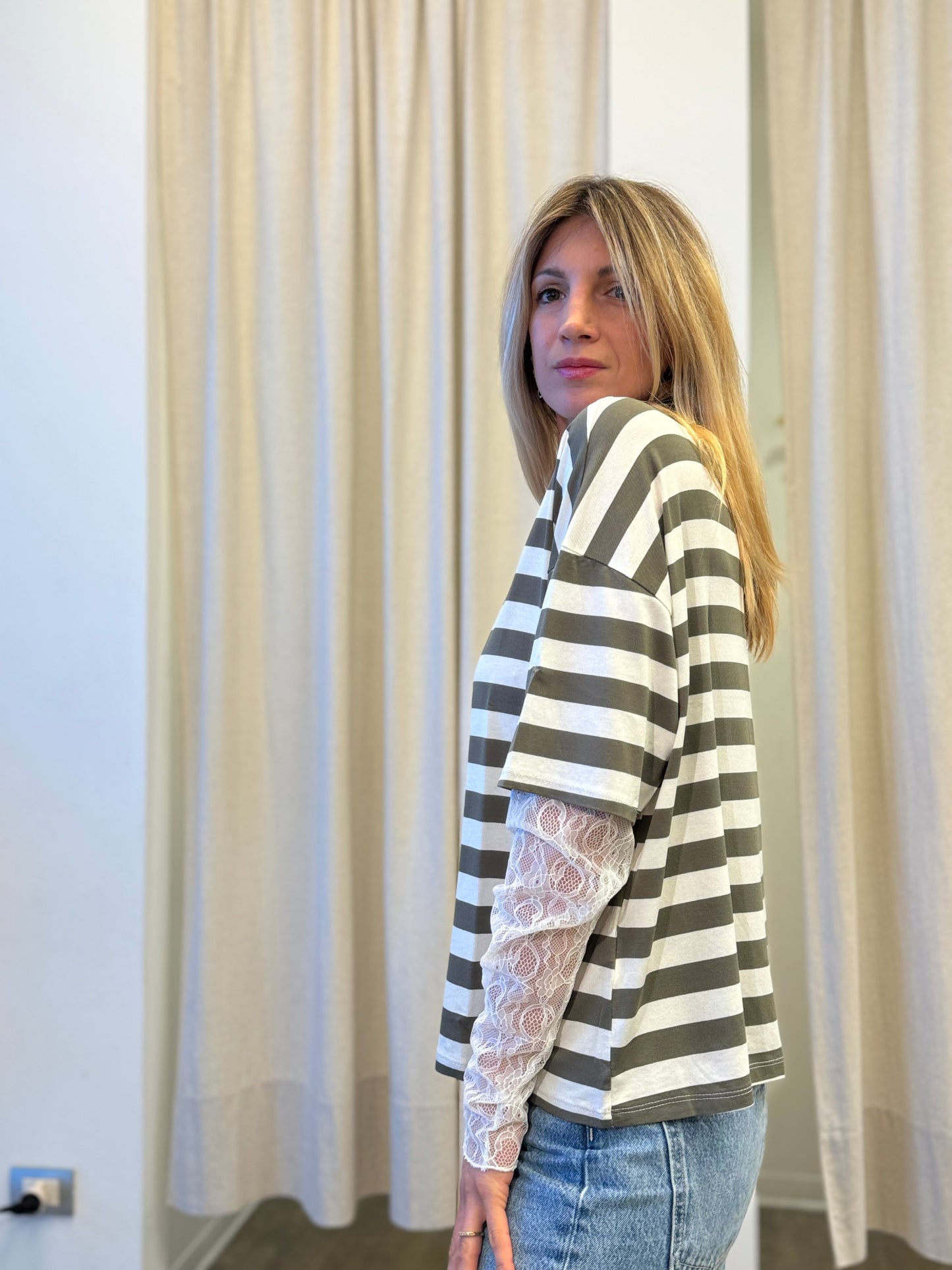 Susy Mix T-shirt righe m/pizzo VERDE MILITARE