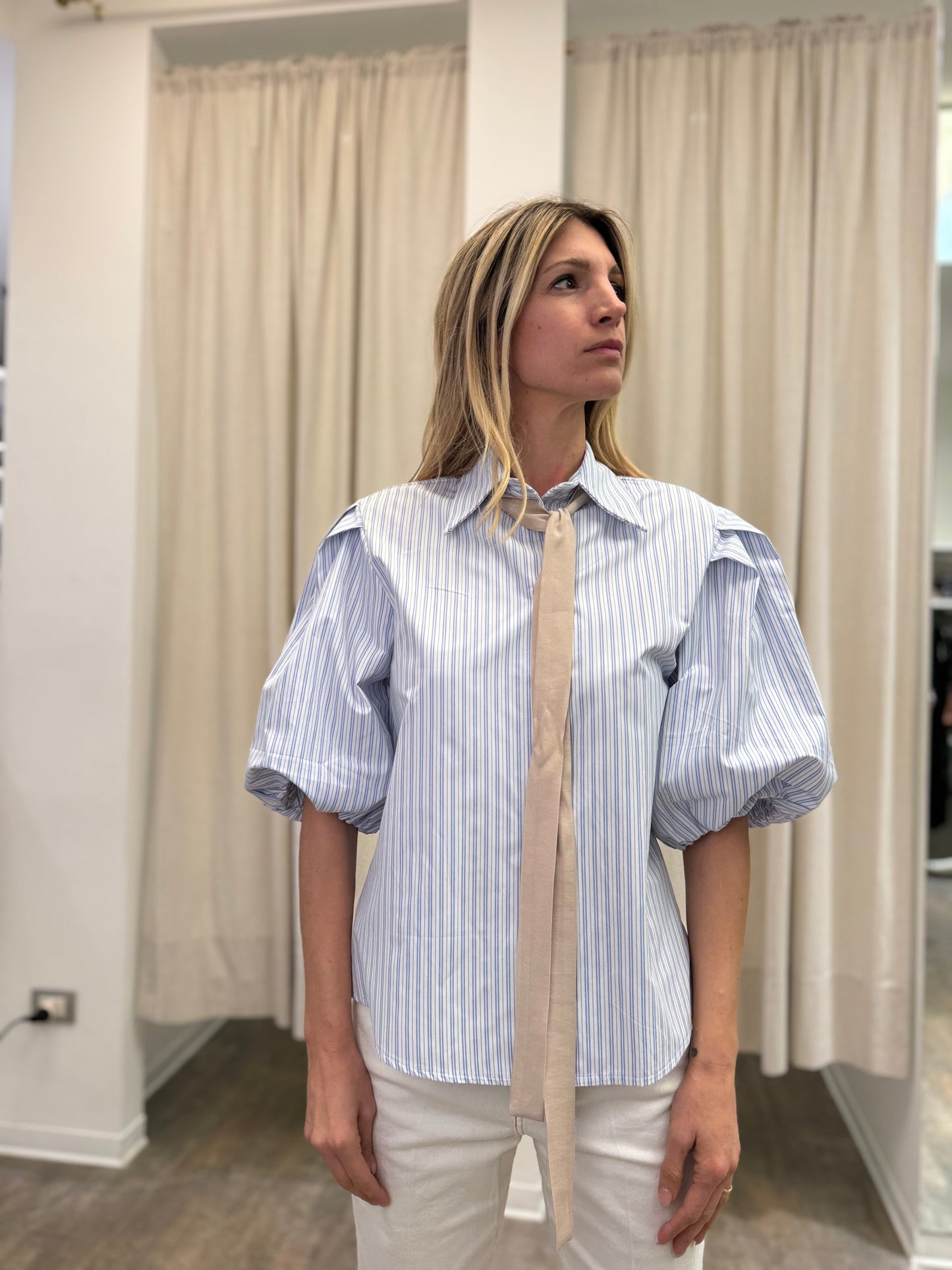Haveone camicia manica 3/4 arricciata con fiocco RIGATOCELESTE