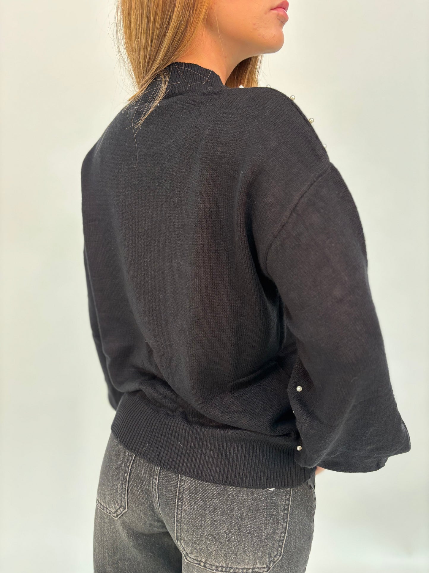 Maglia girocollo ml con perle NERO