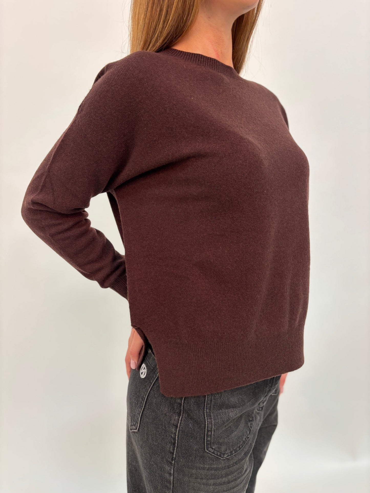 Relish Maglia girocollo ml in lana con spacchi laterali MARRONE