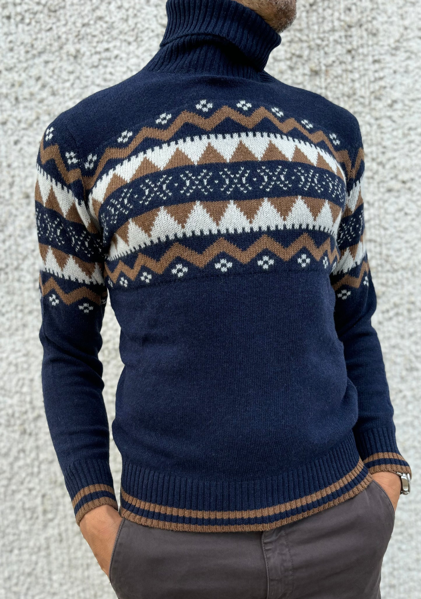 Loft88 Maglia in lana c/alto fantasia geometrica beige/marrone BLU