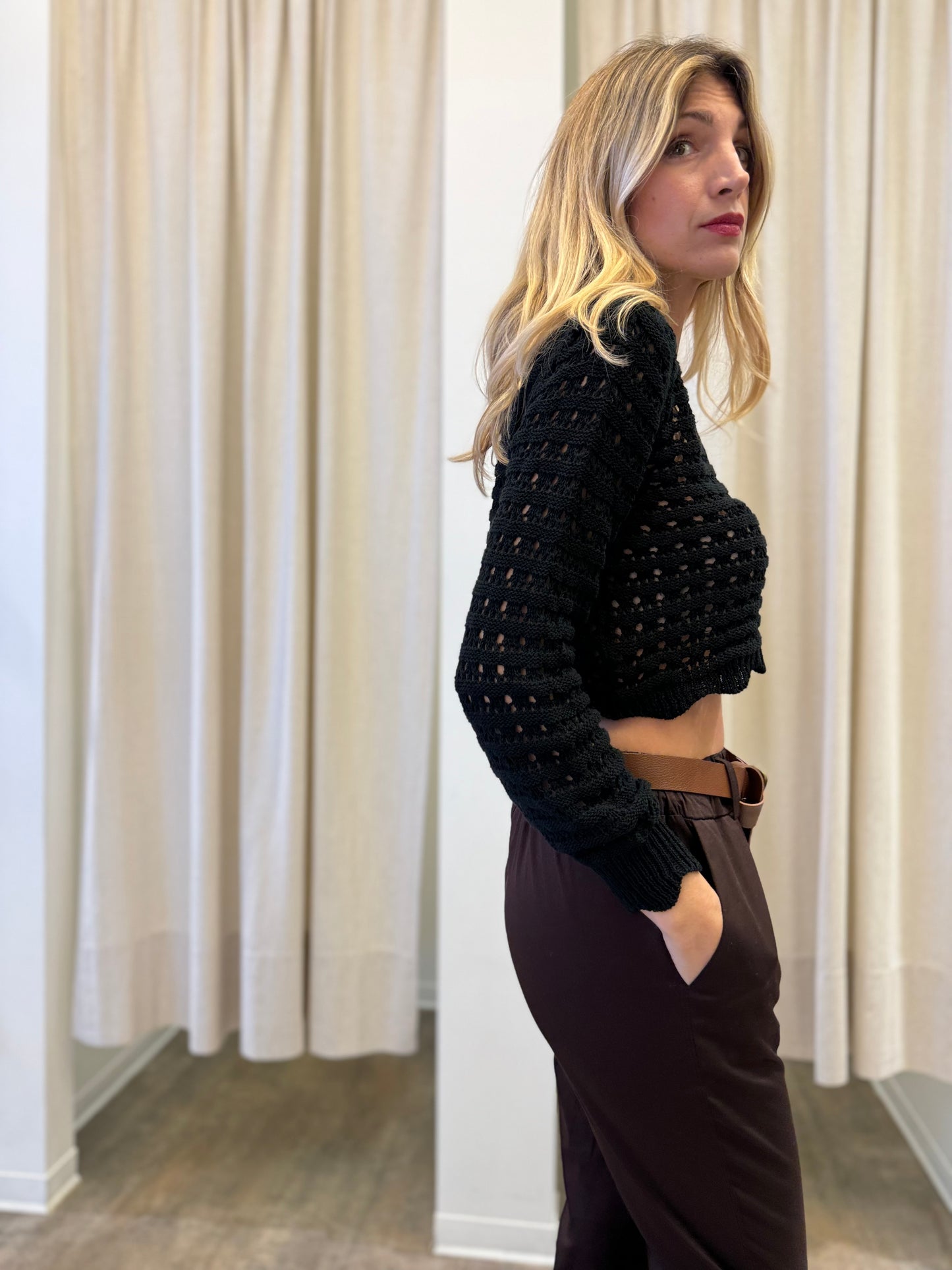 Susy Mix Cardigan effetto rete corto NERO