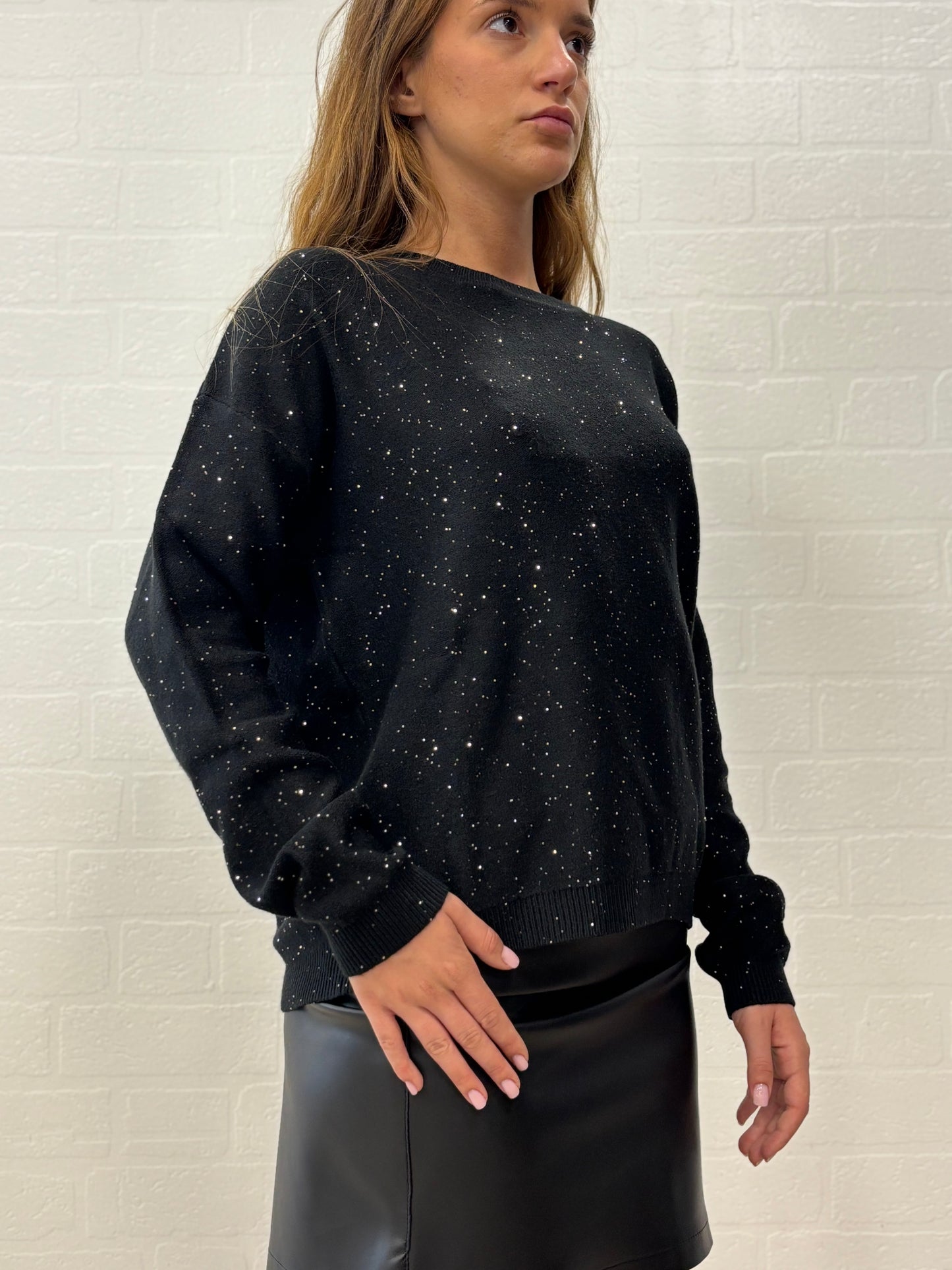 Griffai Maglia over girocollo ml con paillettes argento NERO