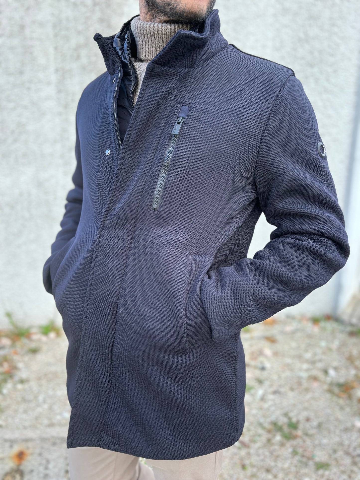 Markup cappotto con pettorina tessuto ammagliato collo coreano BLU