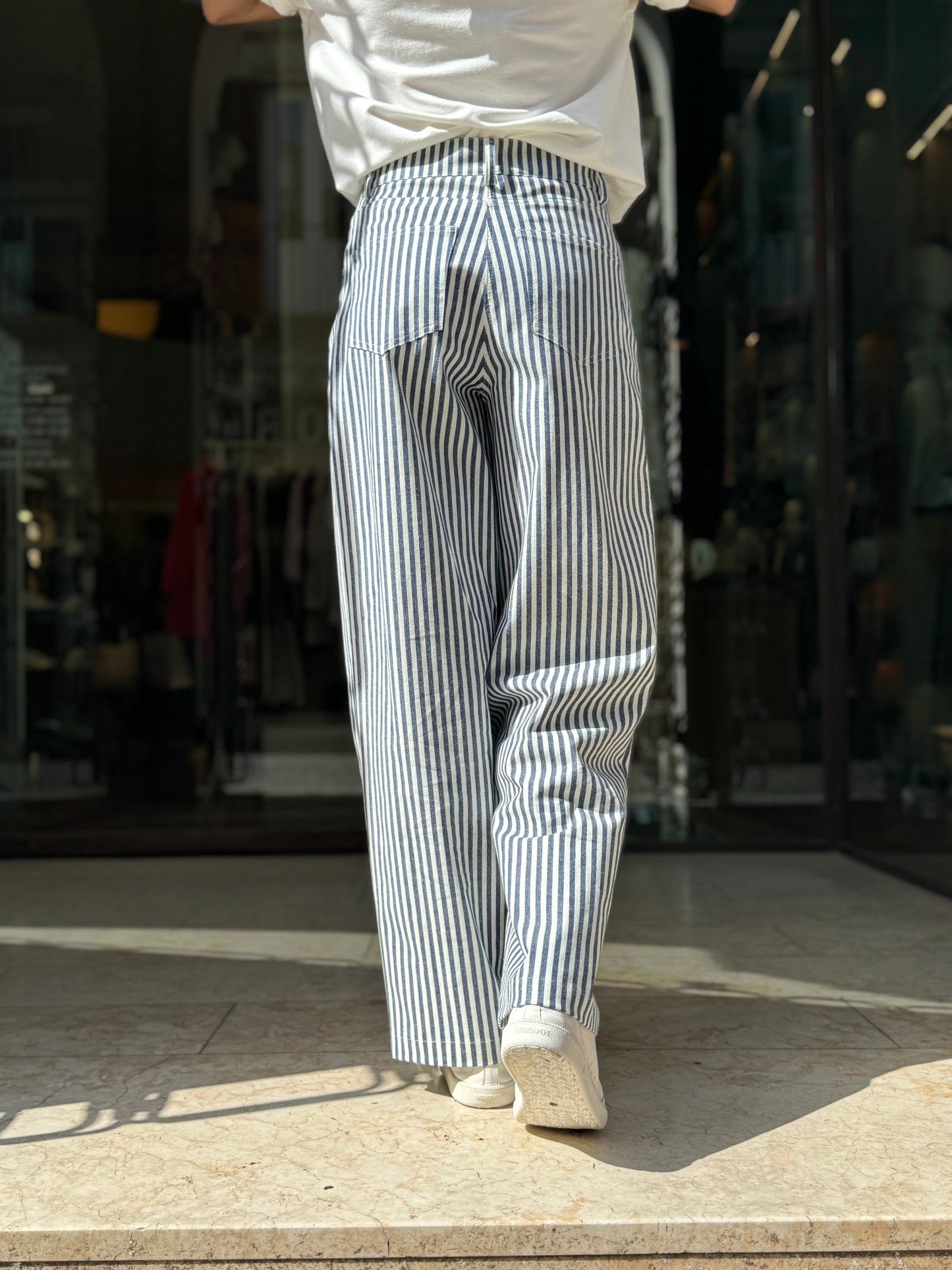 MERCI' pantalone cotone rigato BIA/BLU