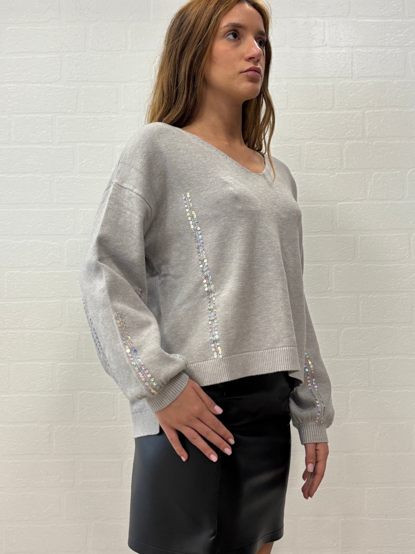 Griffai Maglia over collo V con paillettes PERLA