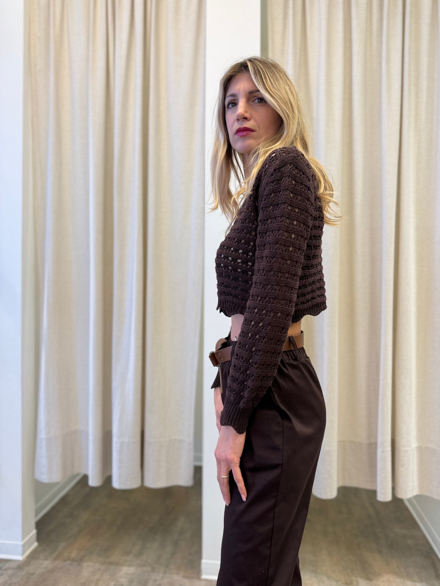 Susy Mix Cardigan effetto rete corto MARRONE