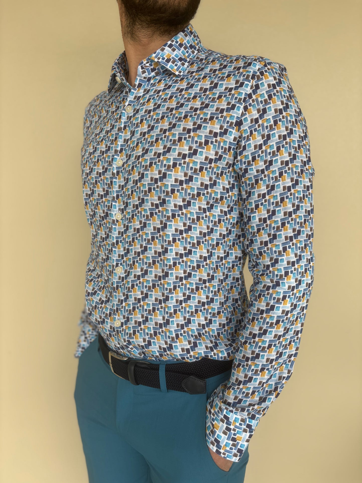 Bastoncino Camicia fantasia azzurra base BIANCO