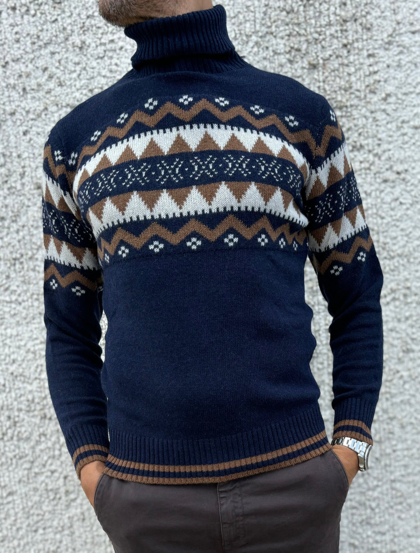 Loft88 Maglia in lana c/alto fantasia geometrica beige/marrone BLU