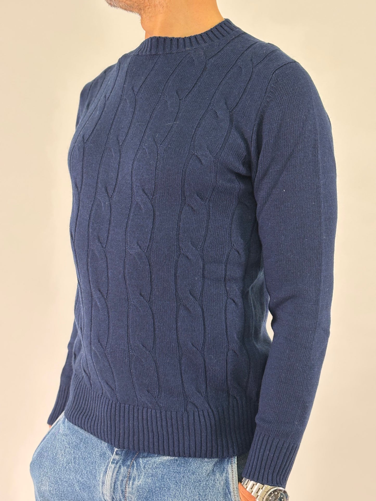 Loft88 Maglia girocollo trama trecce lana/cashmere BLU