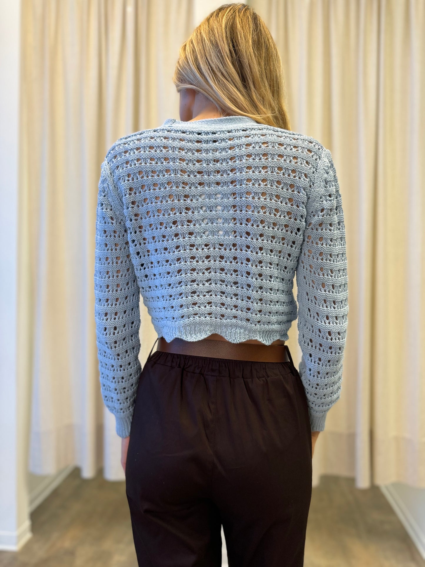 Susy Mix Cardigan effetto rete corto AZZURRO