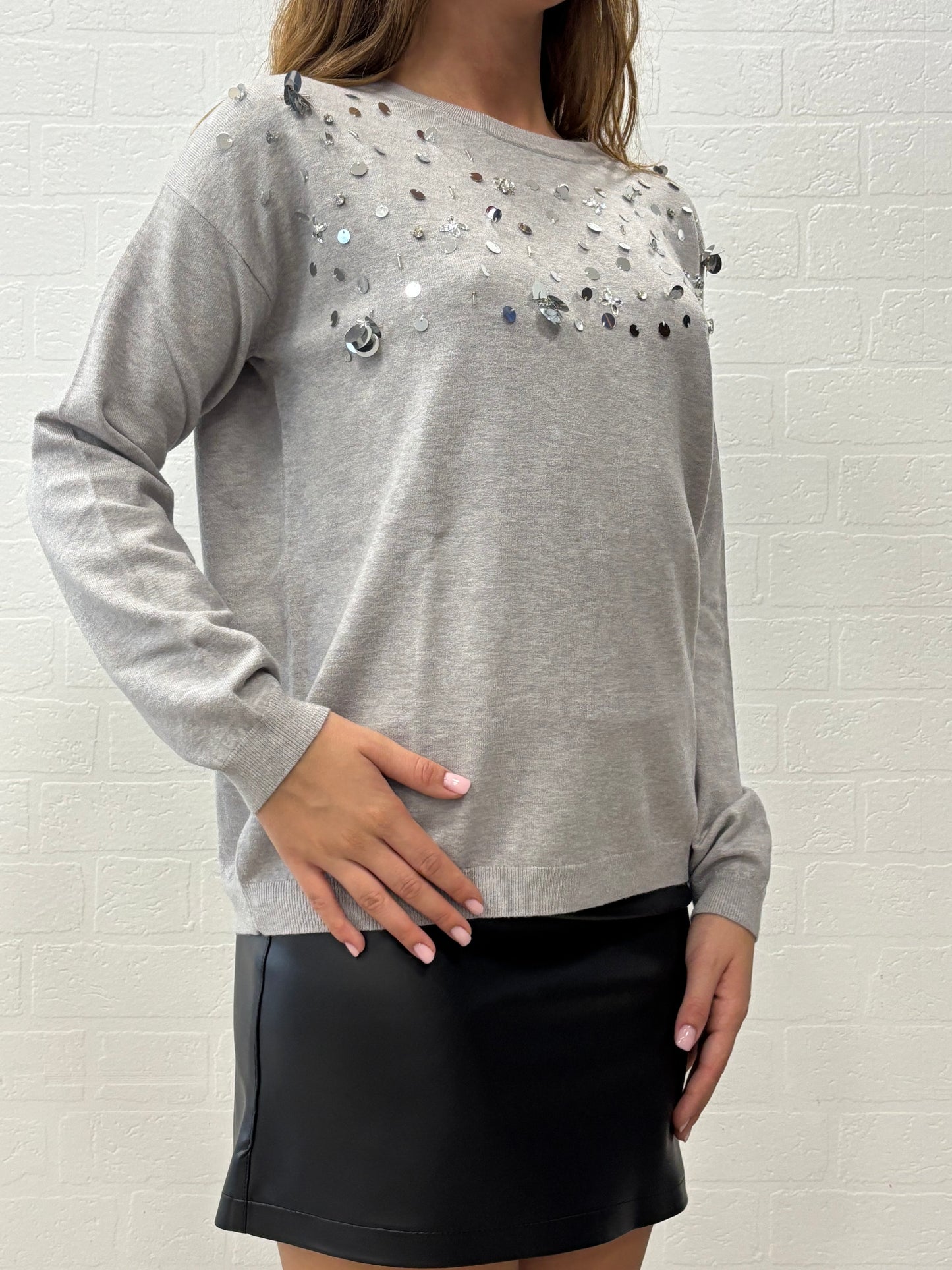 Griffai Maglia girocollo ml con paillettes e strass PERLA