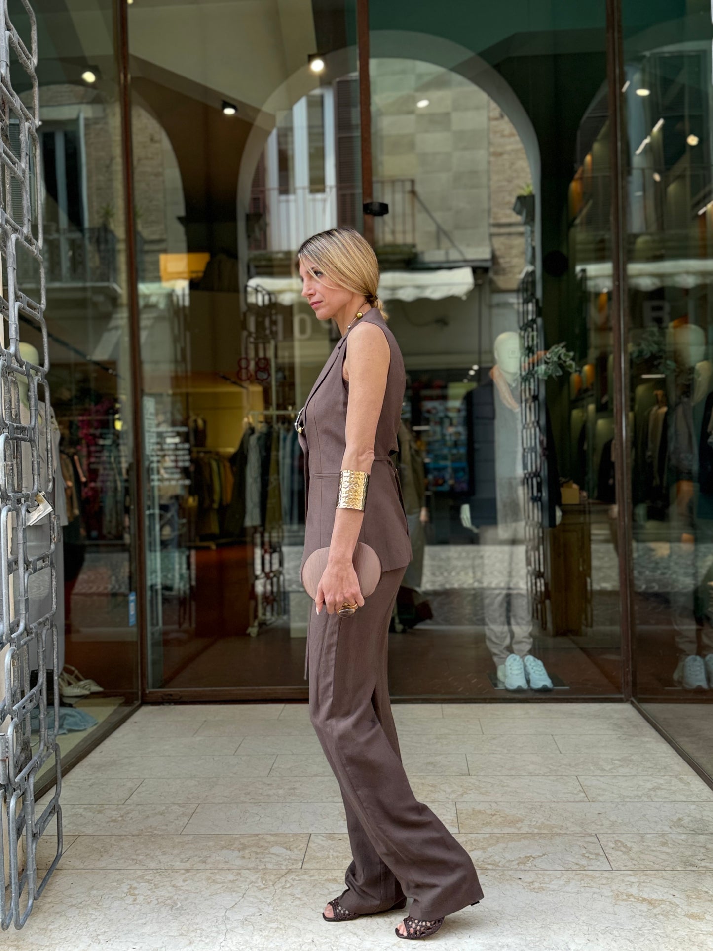 Patrizia Pepe Gilet monopetto misto lino MARRONE