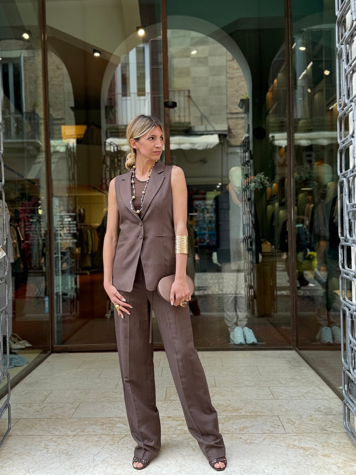 Patrizia Pepe Gilet monopetto misto lino MARRONE