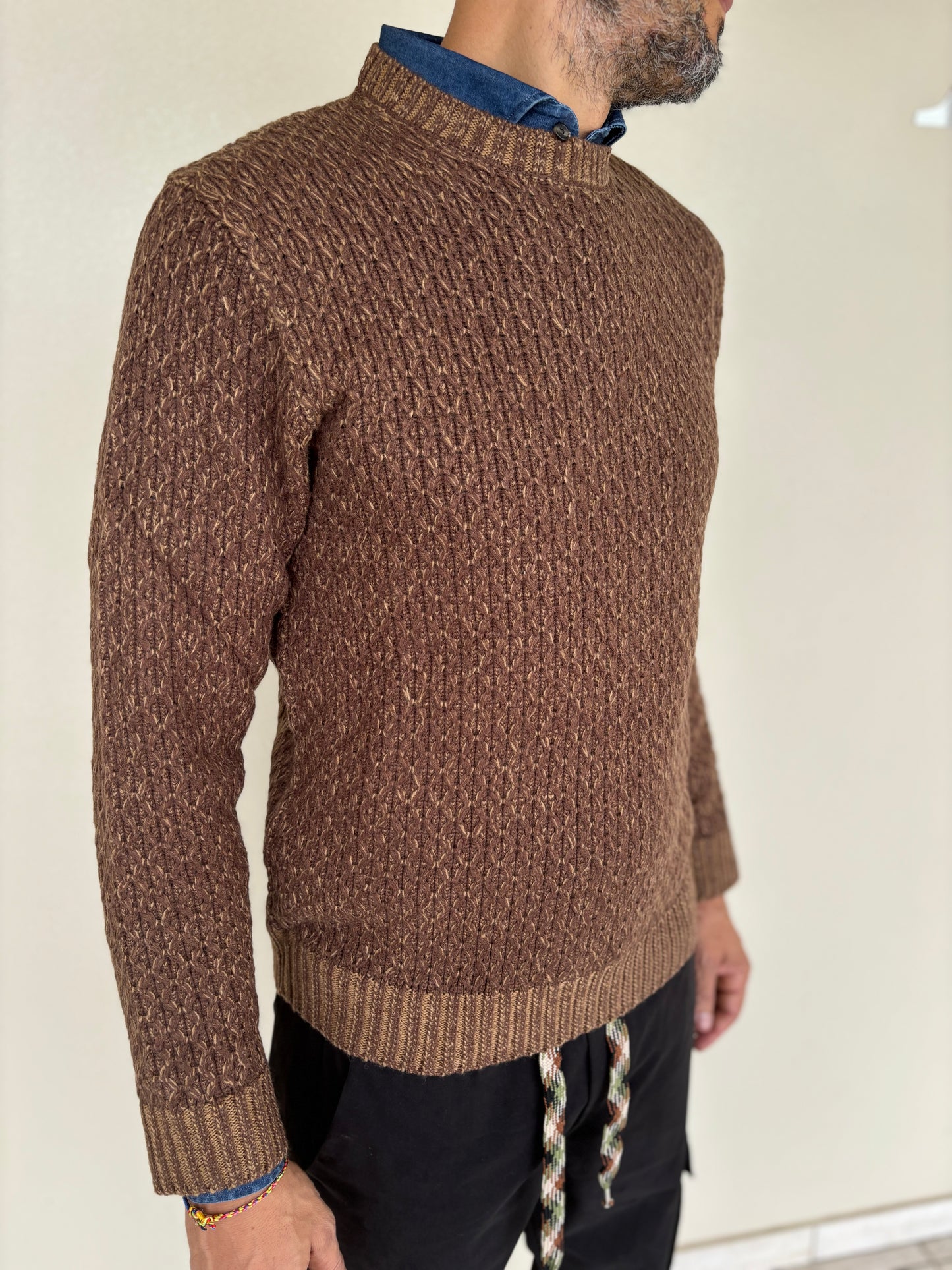 Seinse Maglia girocollo misto lana lavorazione geometrica MARRONE