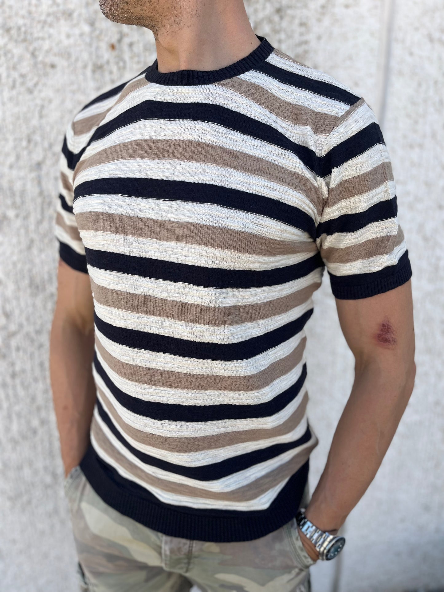 loft88 maglia manica corta in filio RIGATO BLU PANNA BEIGE