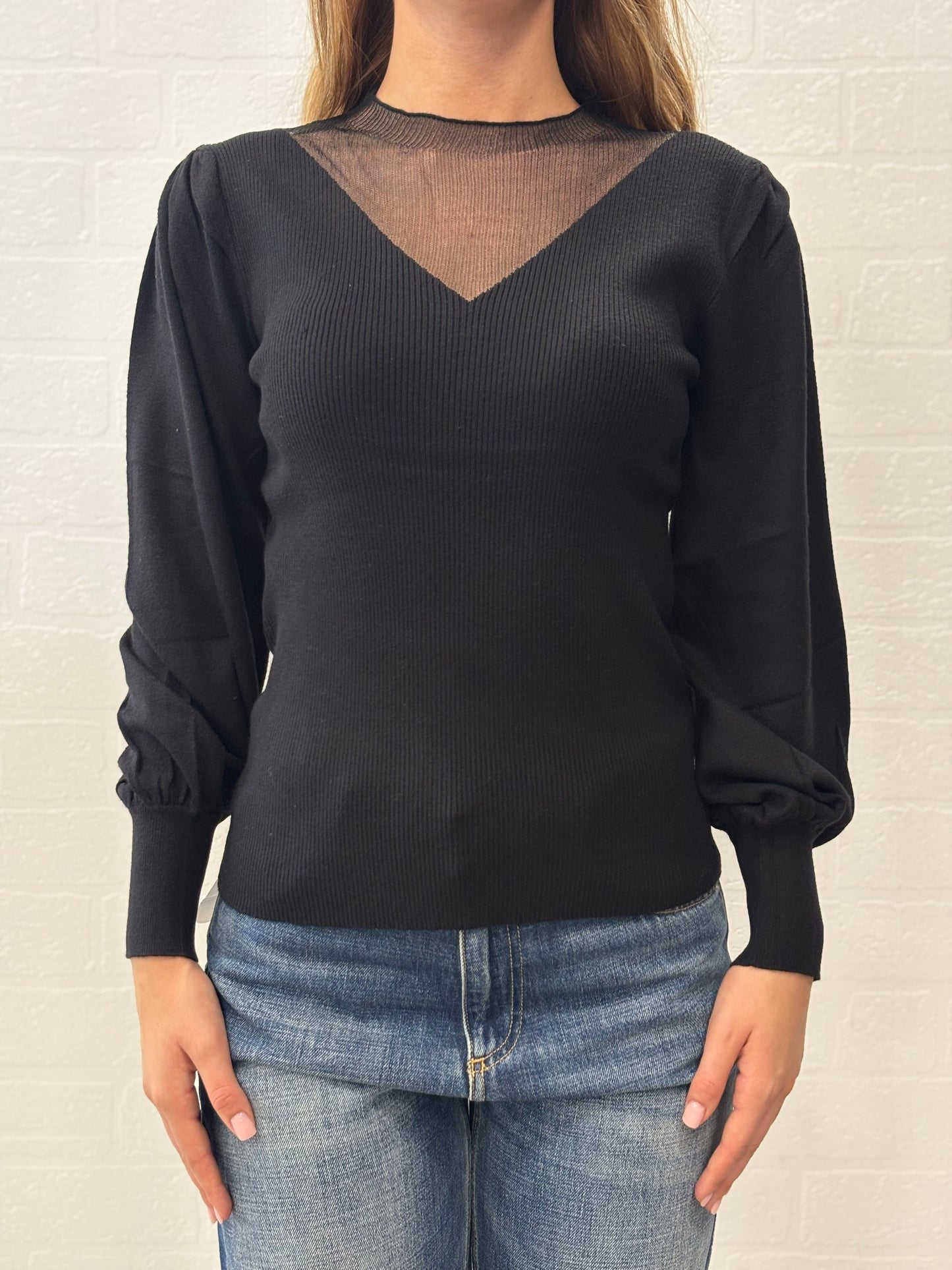 Molly Bracken Maglia girocollo con tulle effetto collo V NERO