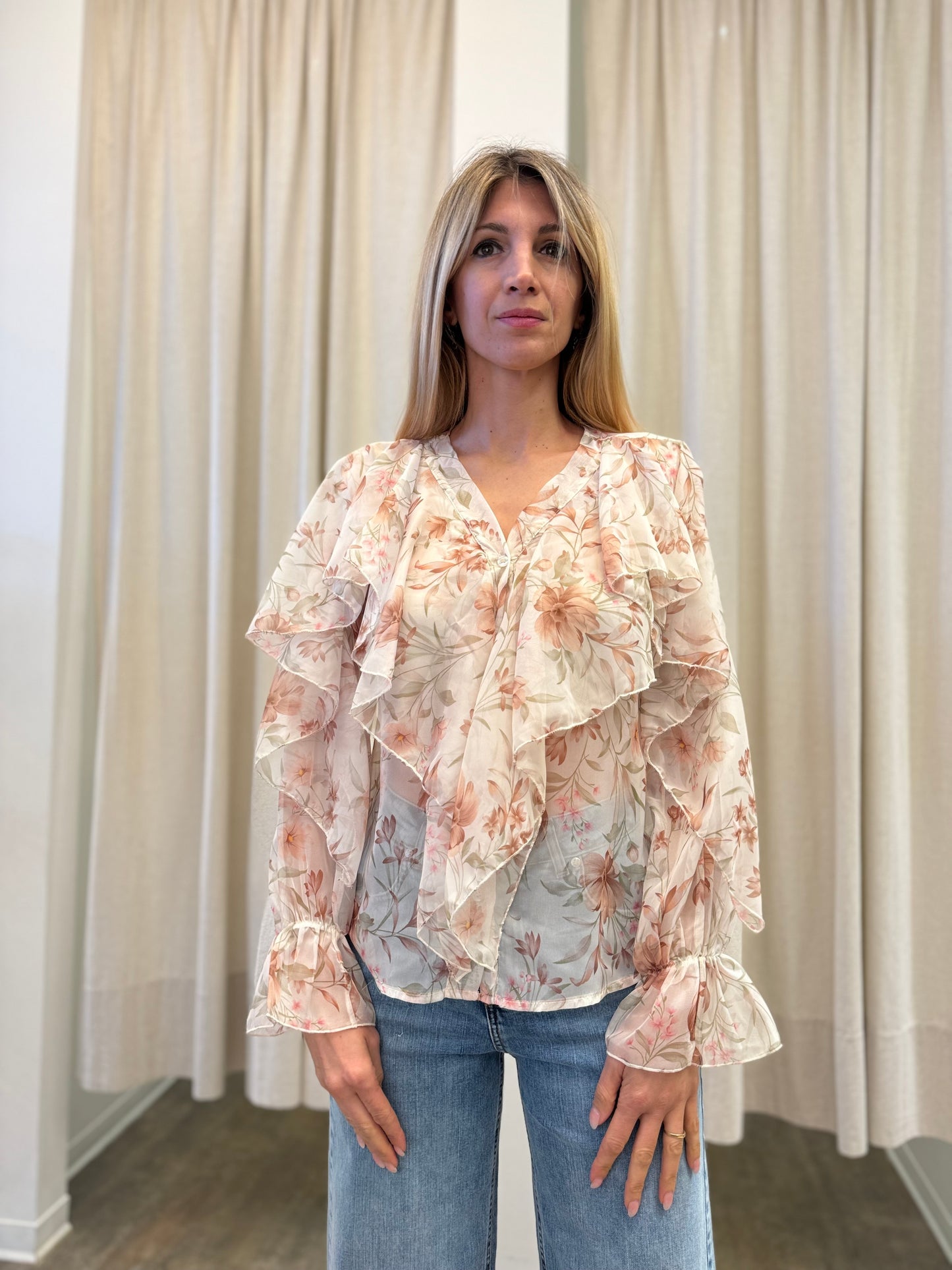 Susy Mix Camicia con rouches fant.floreale LATTE