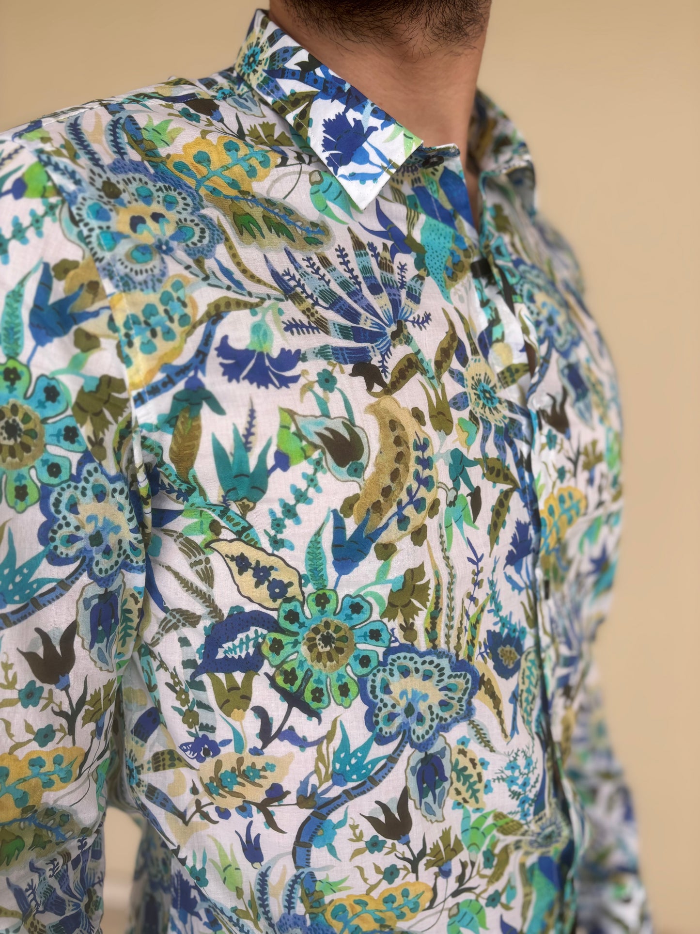 Gianni Lupo Camicia in cotone base BIANCO fantasia floreale BLU/VERDE