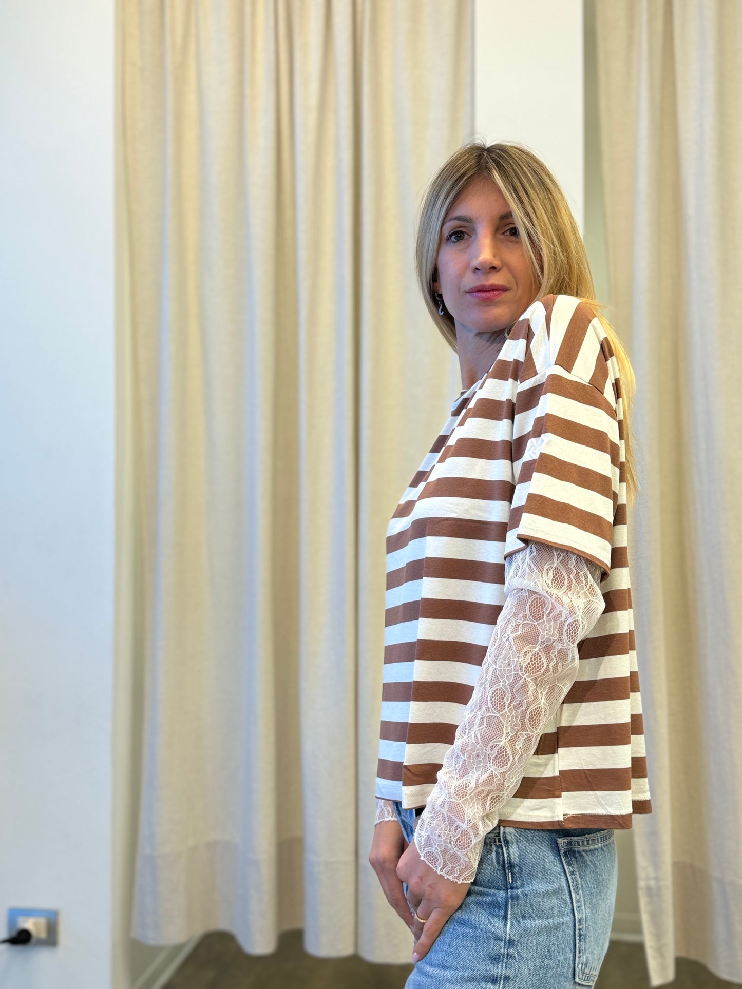 Susy Mix T-shirt righe m/pizzo TABACCO