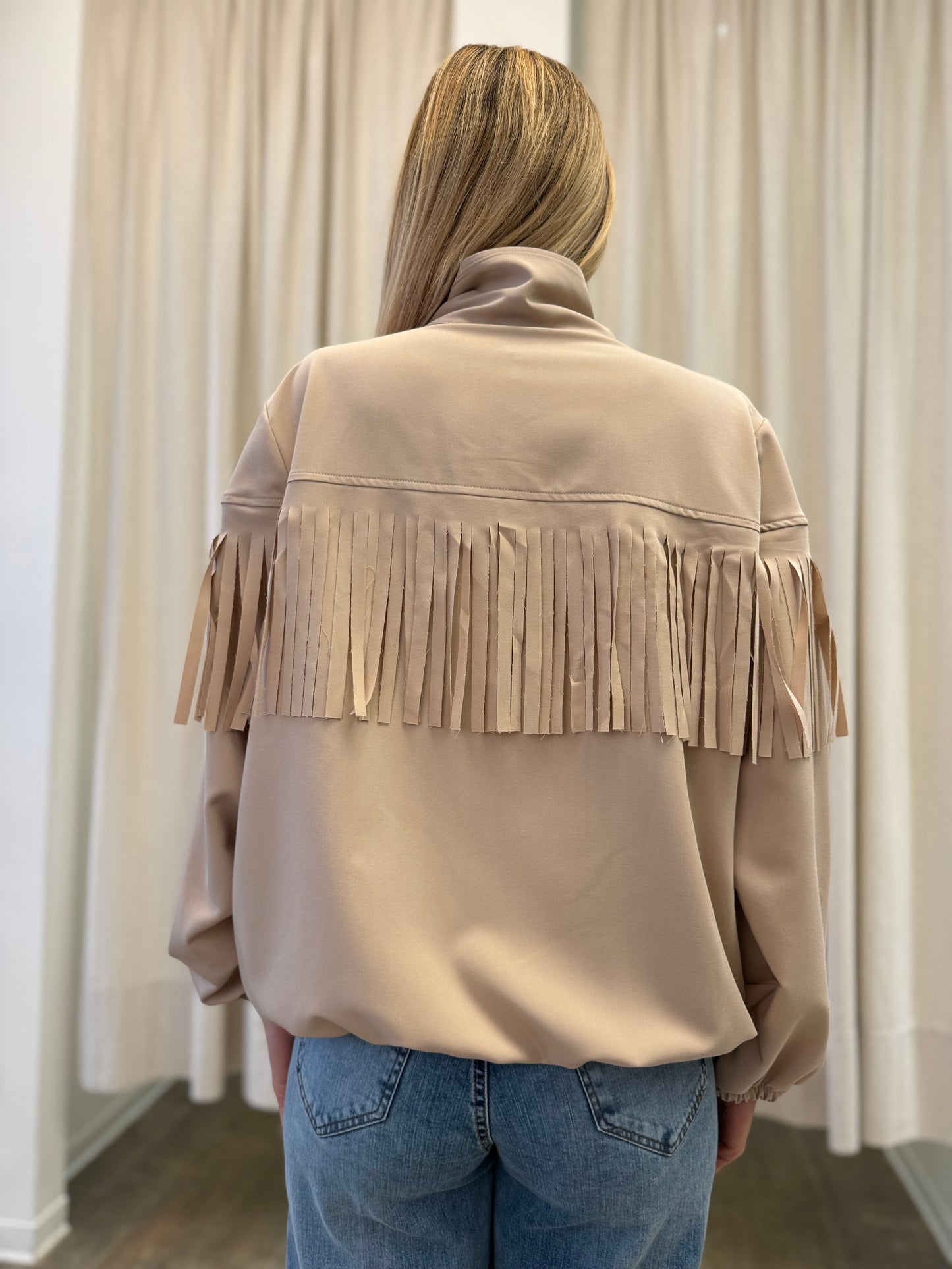 Susy Mix Bomber con frange e zip SABBIA