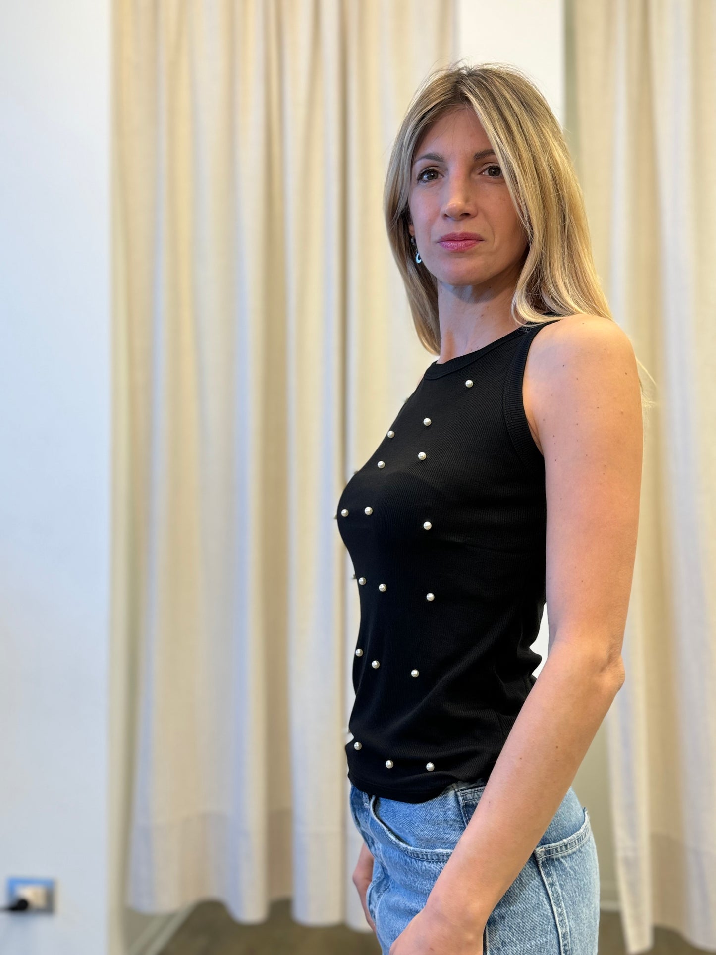 Susy Mix Canotta con appl.perle NERO