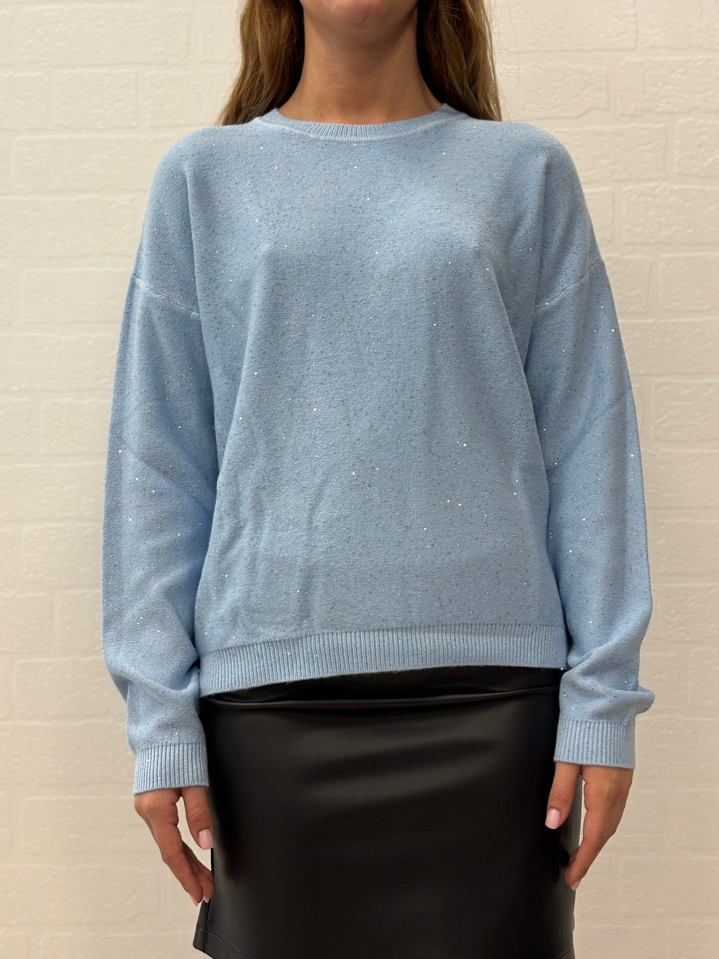 Griffai Maglia over girocollo ml con paillettes argento CELESTE
