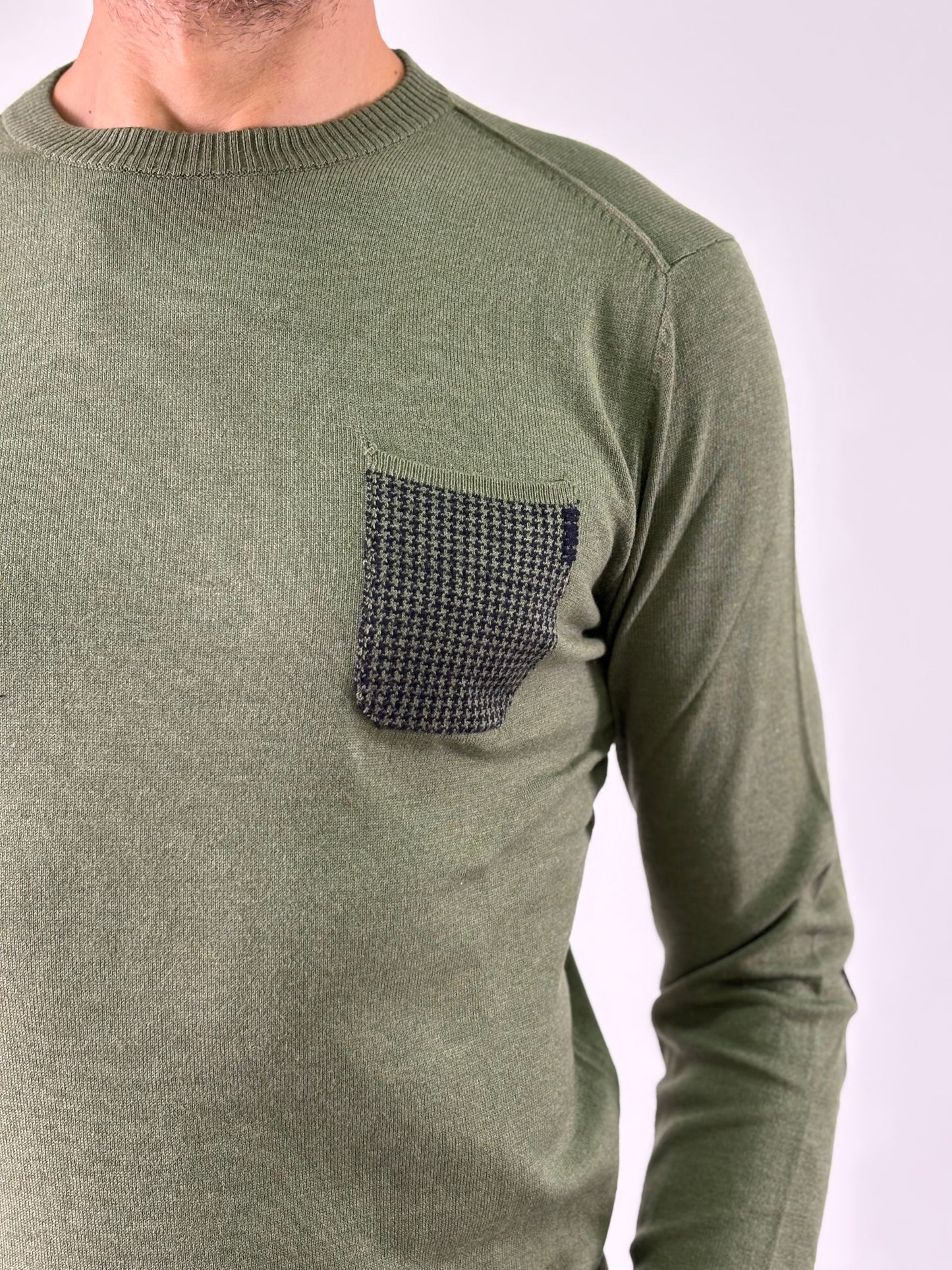 Loft88 Maglia girocollo taschino e toppe pied de poule VERDE