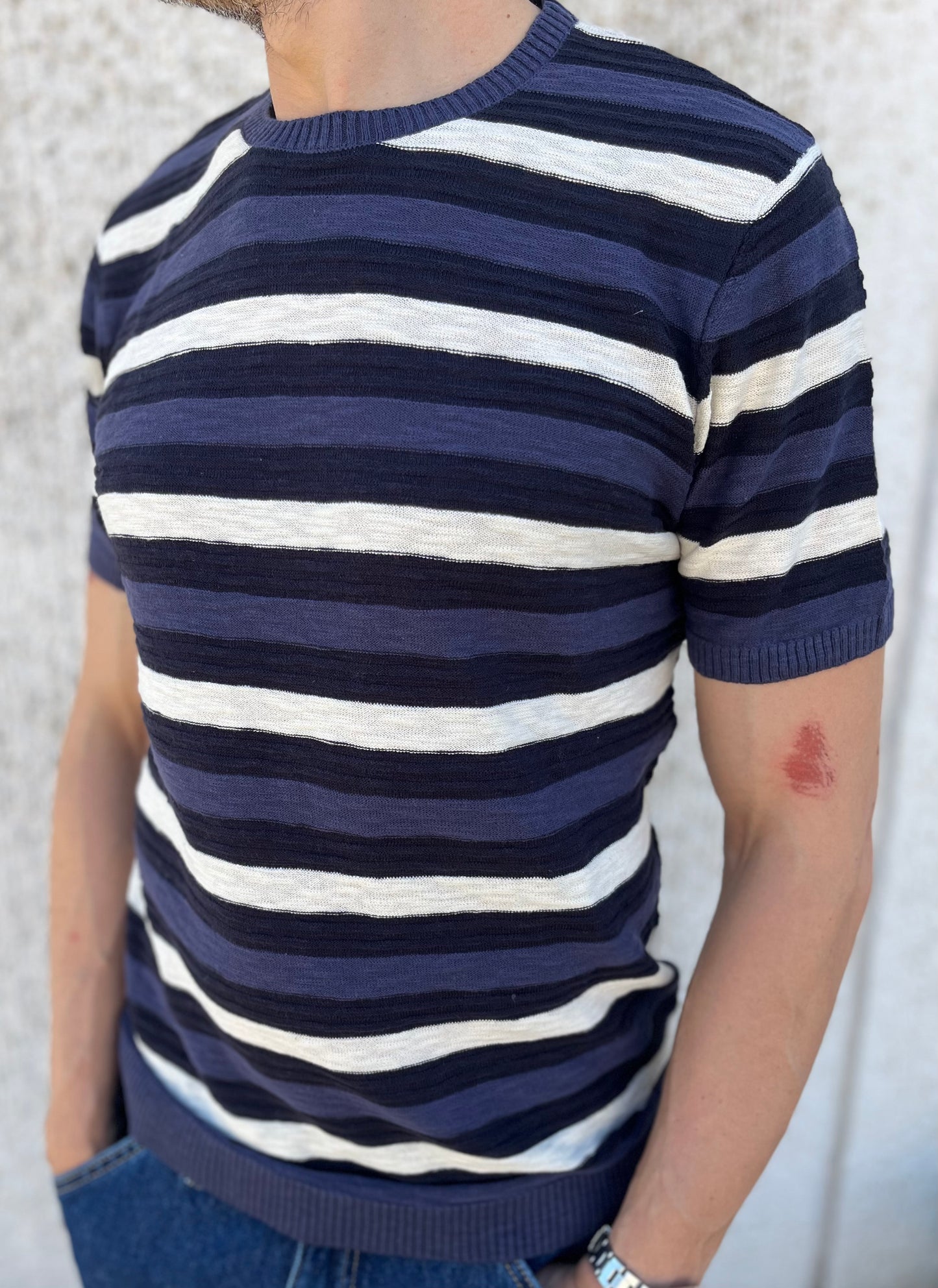loft88 maglia manica corta in filio RIGATO BLU BLUETTE BEIGE