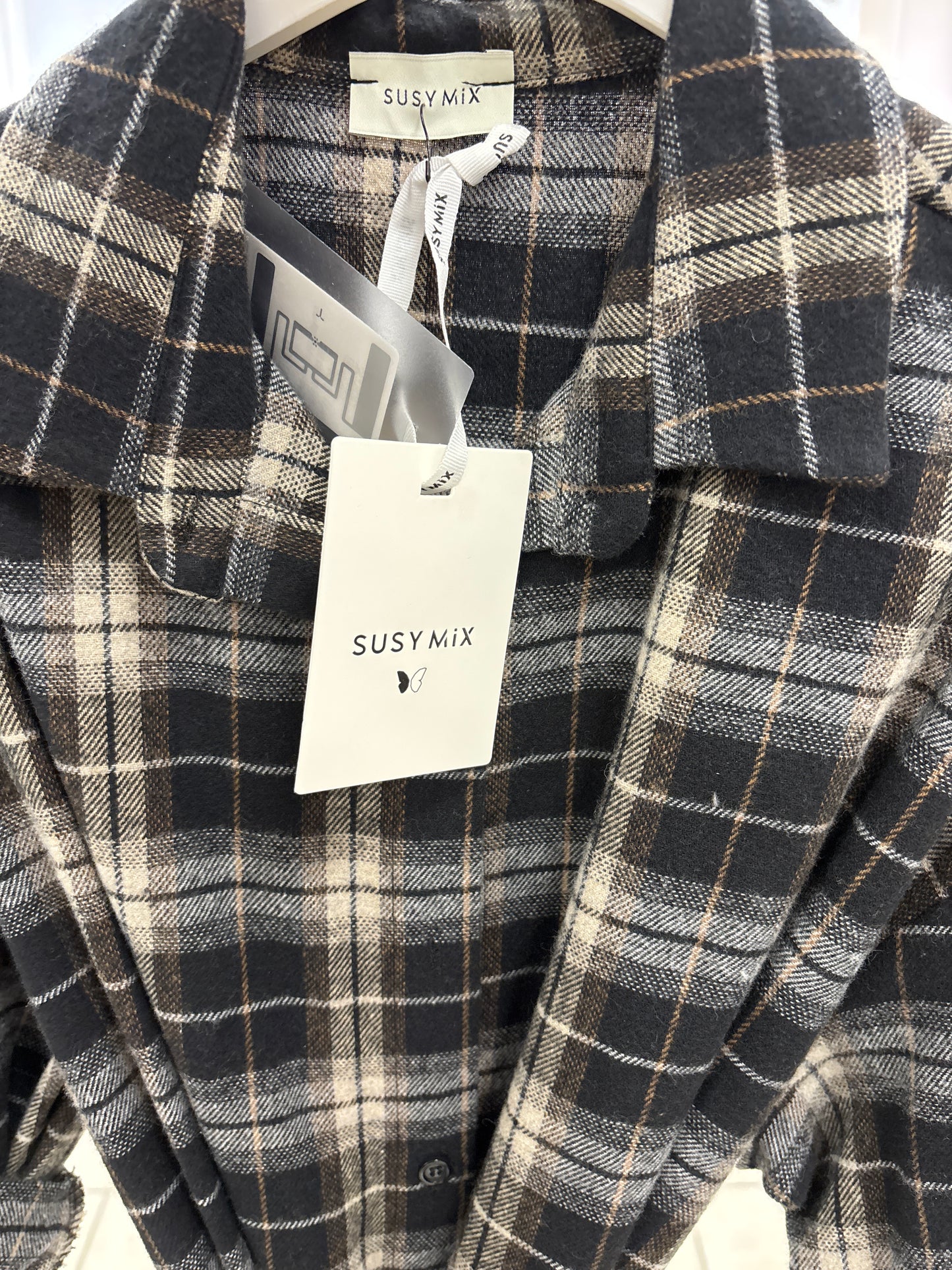 Susy Mix Camicia lunga in flanella a scacchi NERO/BEIGE