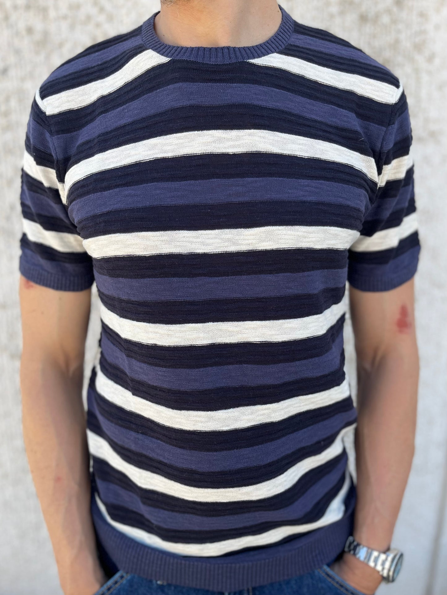 loft88 maglia manica corta in filio RIGATO BLU BLUETTE BEIGE
