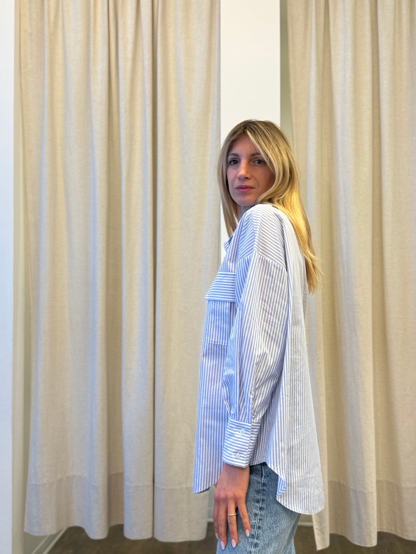 Susy Mix Camicia rigata over con appl.strass CELESTE