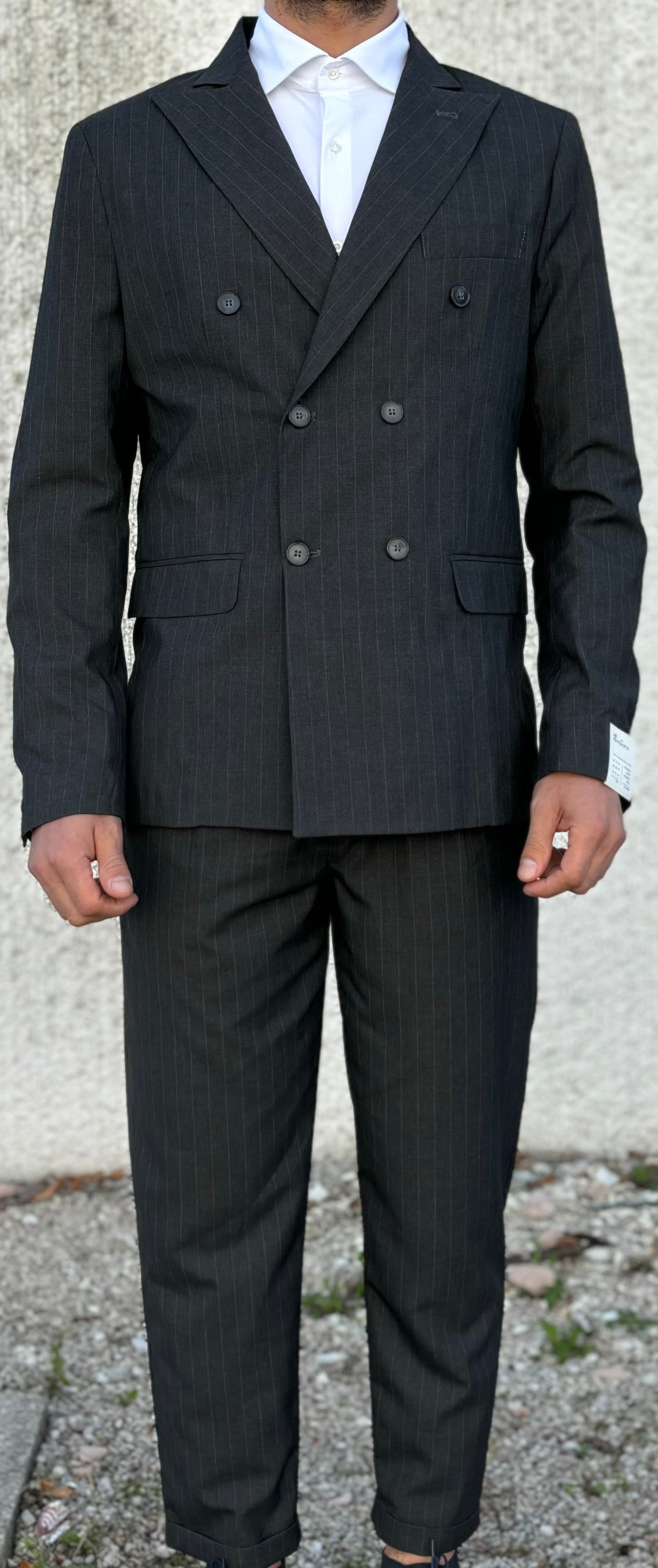 BL11 Pantalone gessato riga bianca con pences GRIGIO