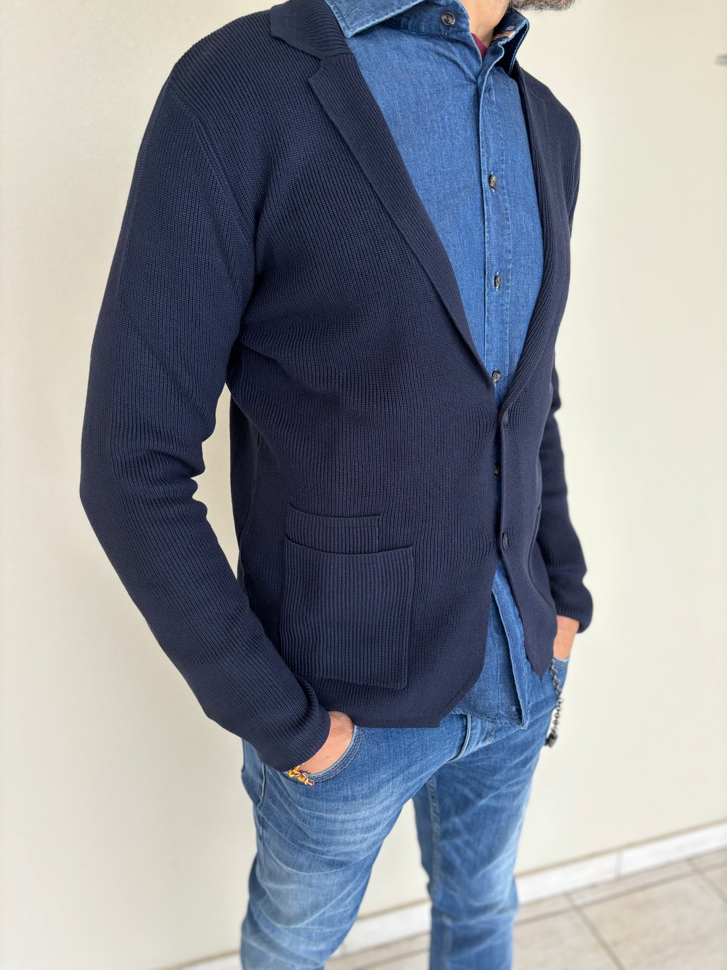 Seinse Giaccamaglia monopetto con rever, due bottoni BLU