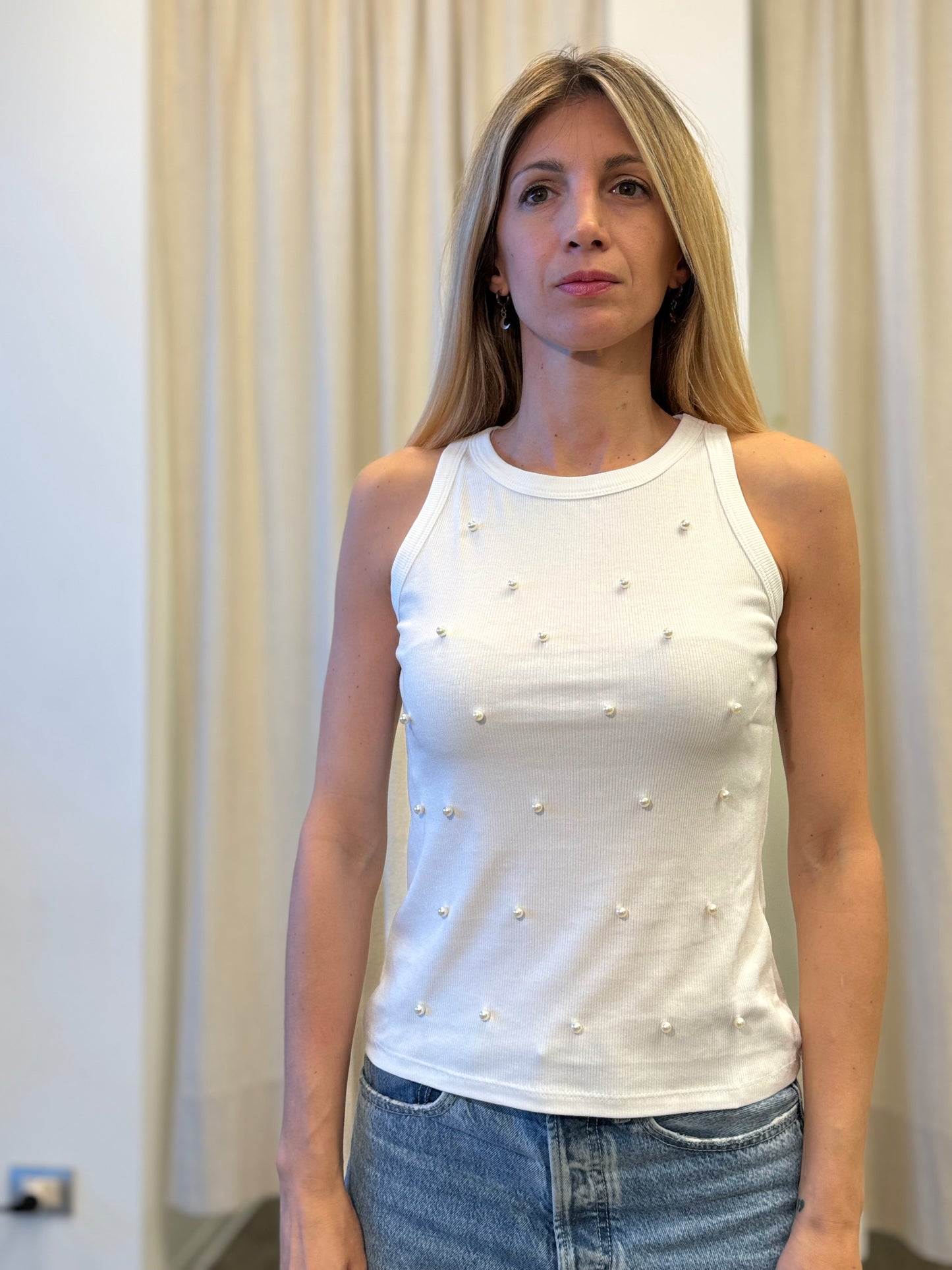 Susy Mix Canotta con appl.perle BIANCO