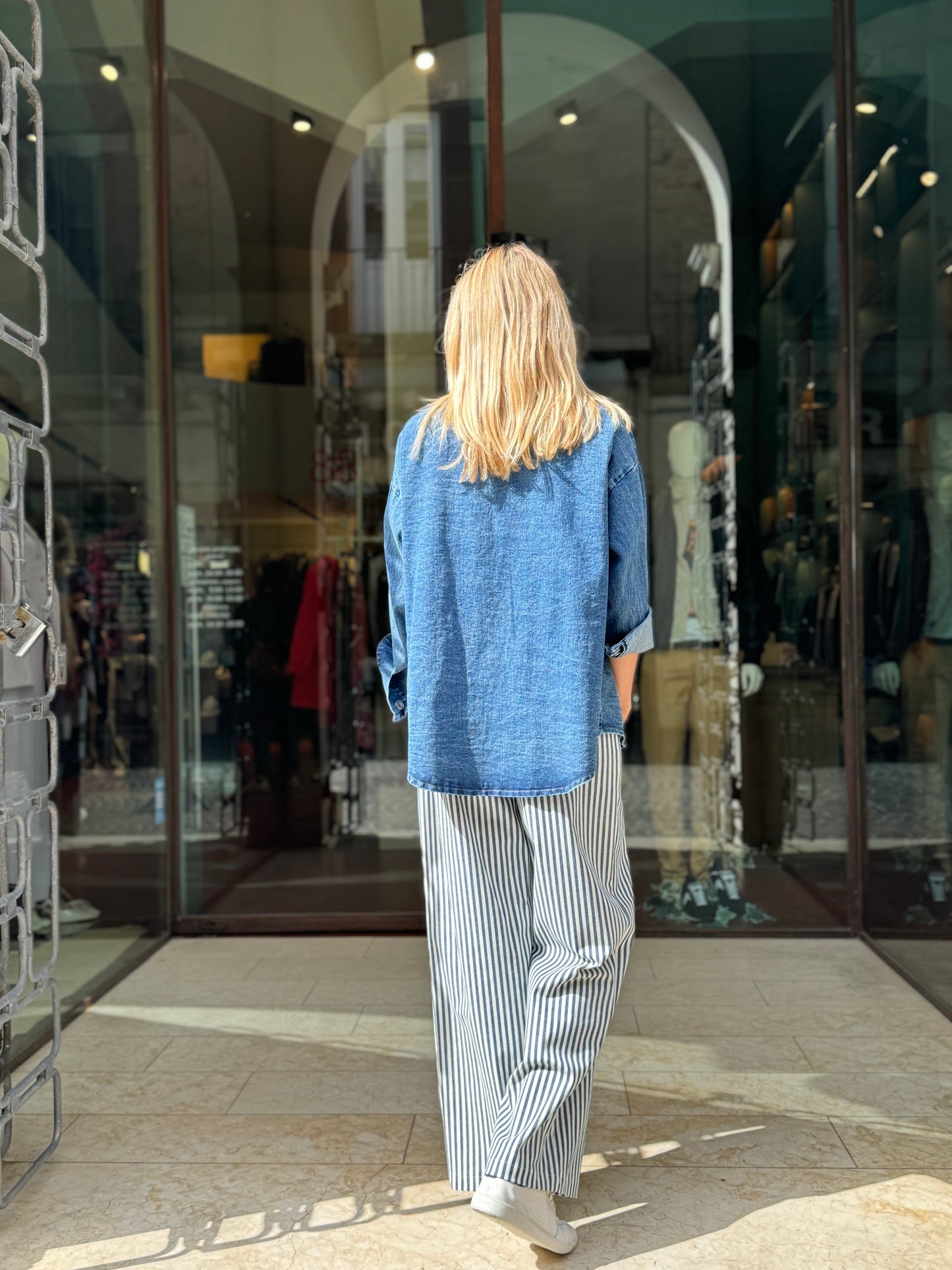MERCI' pantalone cotone rigato BIA/BLU