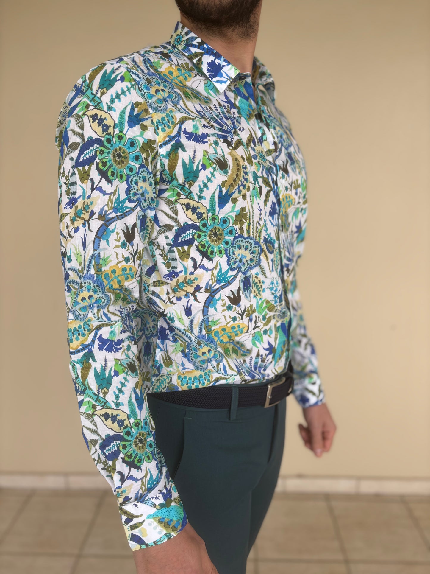 Gianni Lupo Camicia in cotone base BIANCO fantasia floreale BLU/VERDE
