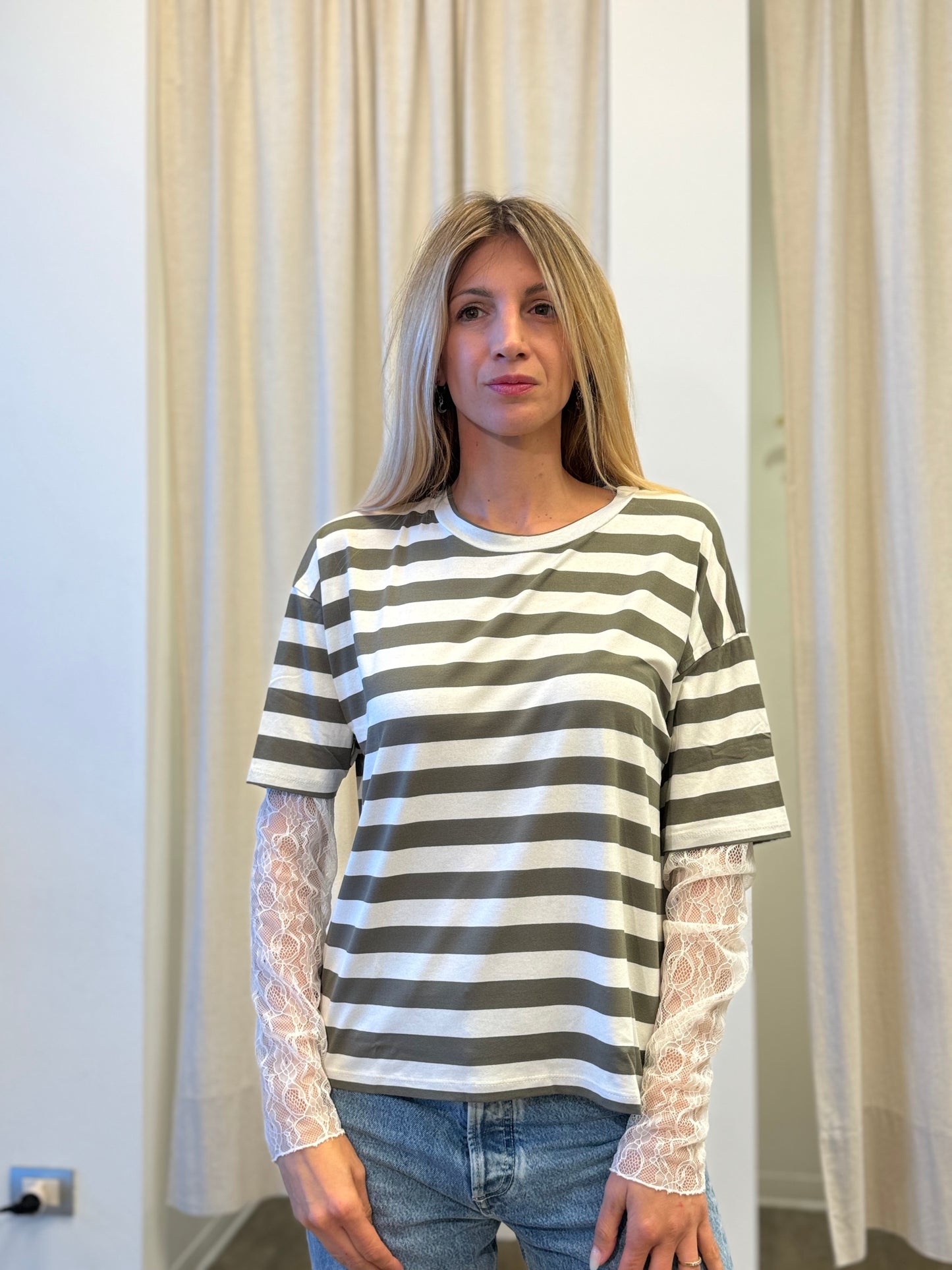 Susy Mix T-shirt righe m/pizzo VERDE MILITARE