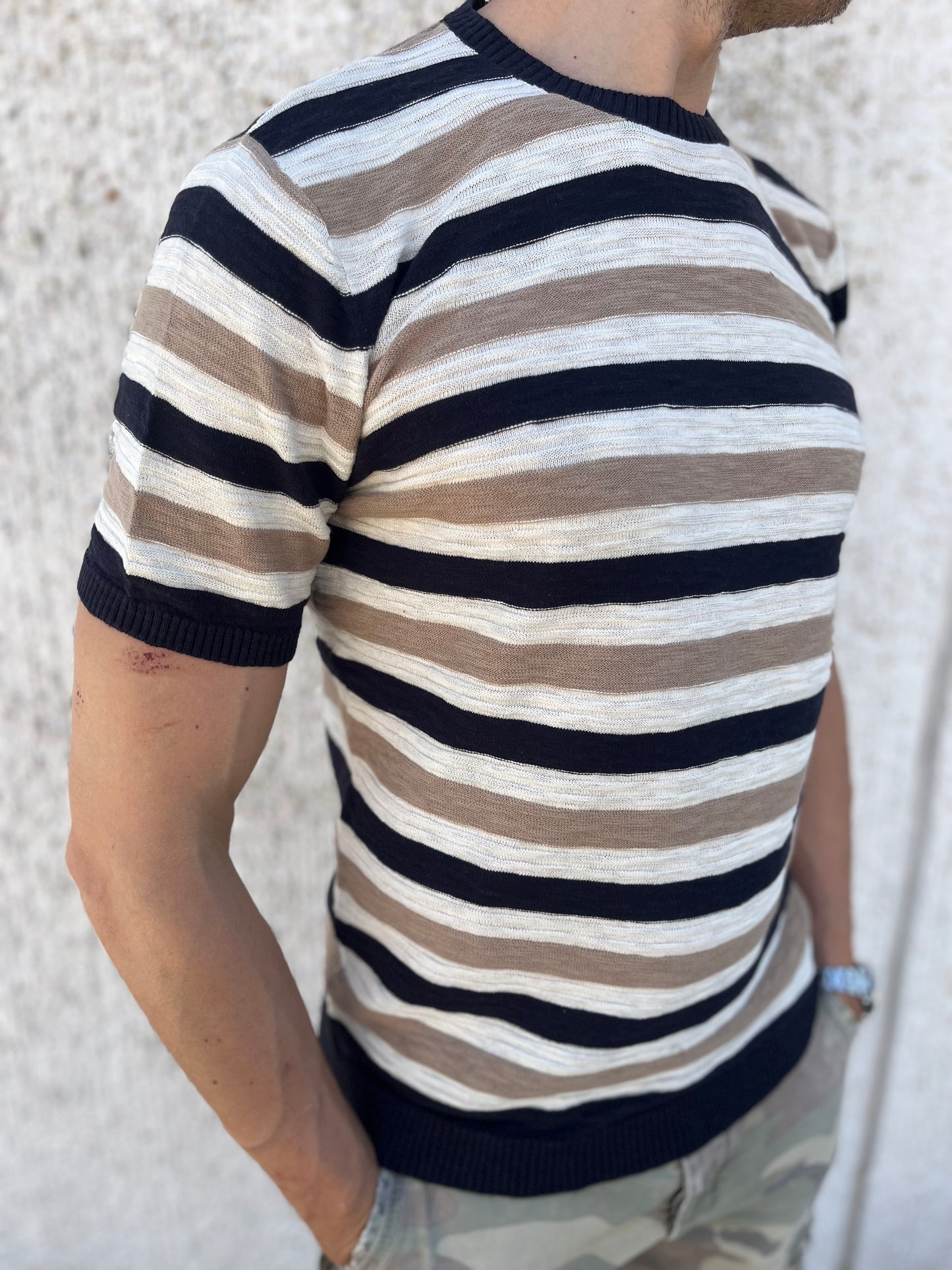 loft88 maglia manica corta in filio RIGATO BLU PANNA BEIGE